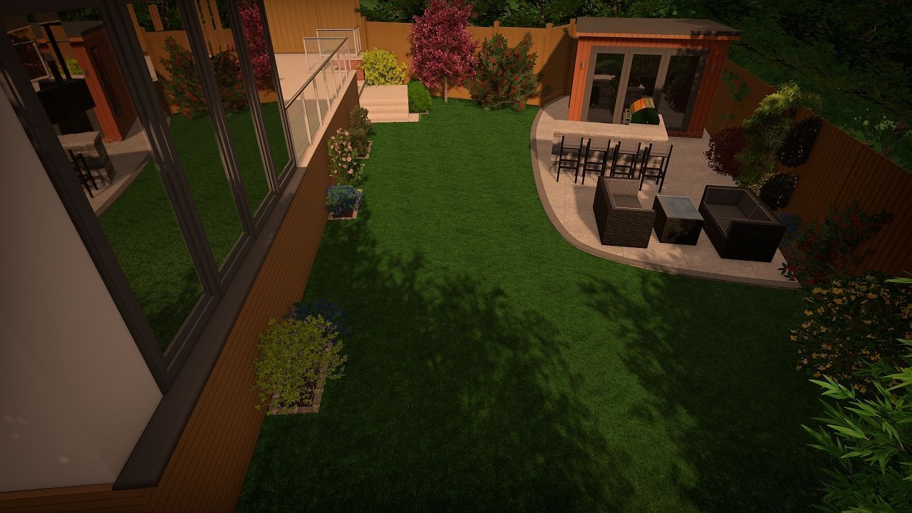 A modern backyard with a lawn, patio, and a garden shed, next to a house with glass doors.