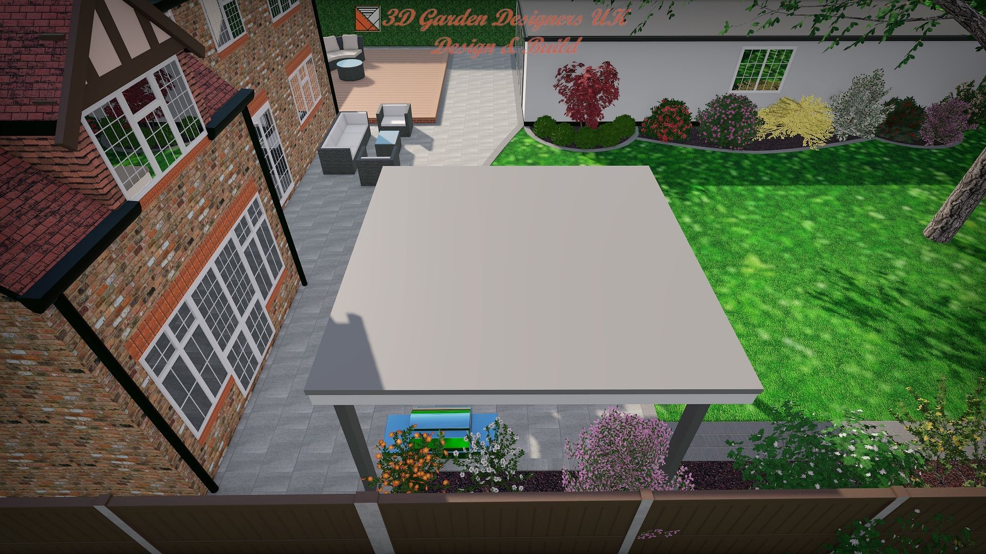 Overhead view of a backyard with a patio, lawn, and house.