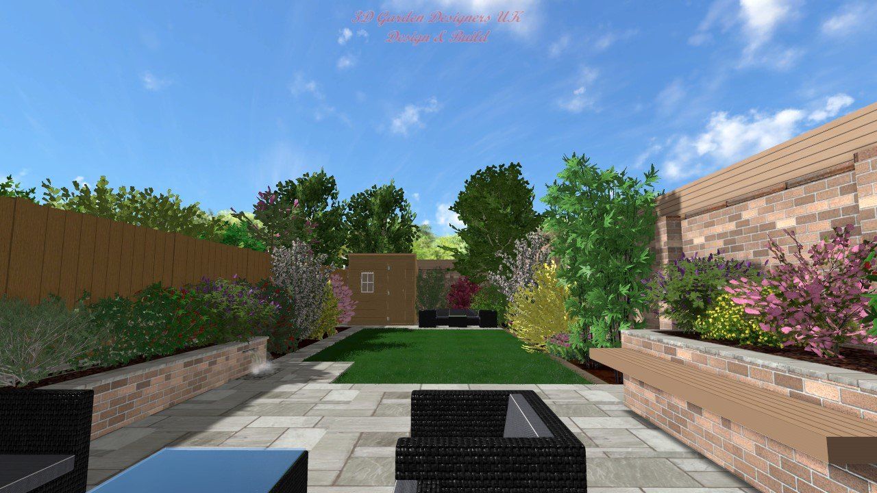 A computer generated image of a backyard with a fence and a lawn