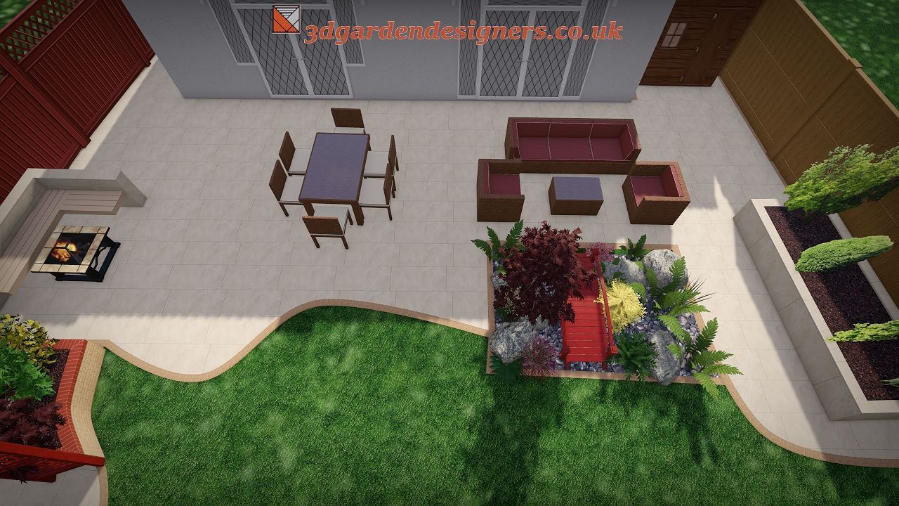 Overhead view of a backyard patio with a dining set, seating area, and flower bed.
