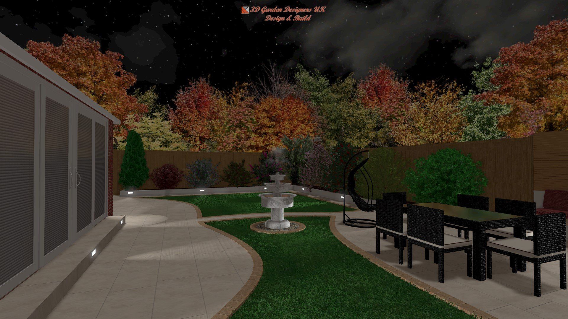 A computer generated image of a backyard with a table and chairs