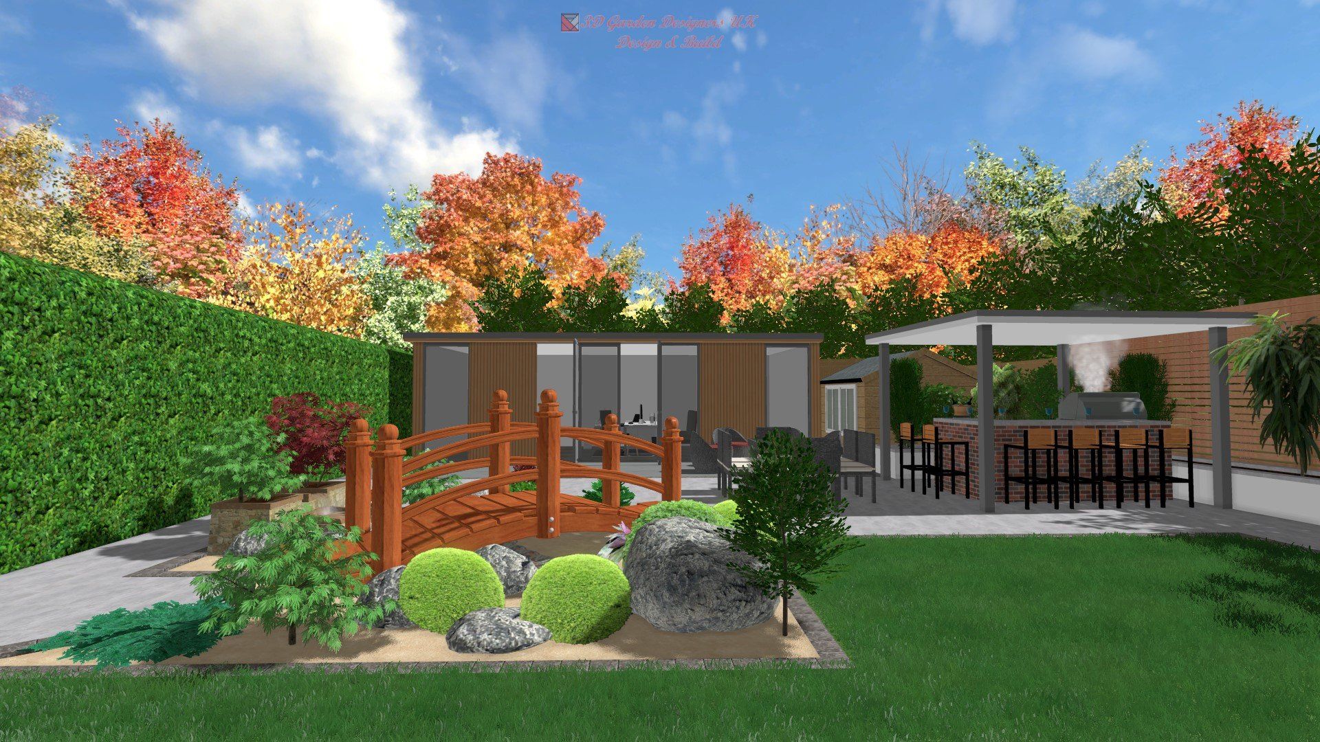 A computer generated image of a garden with a gazebo and a fence.