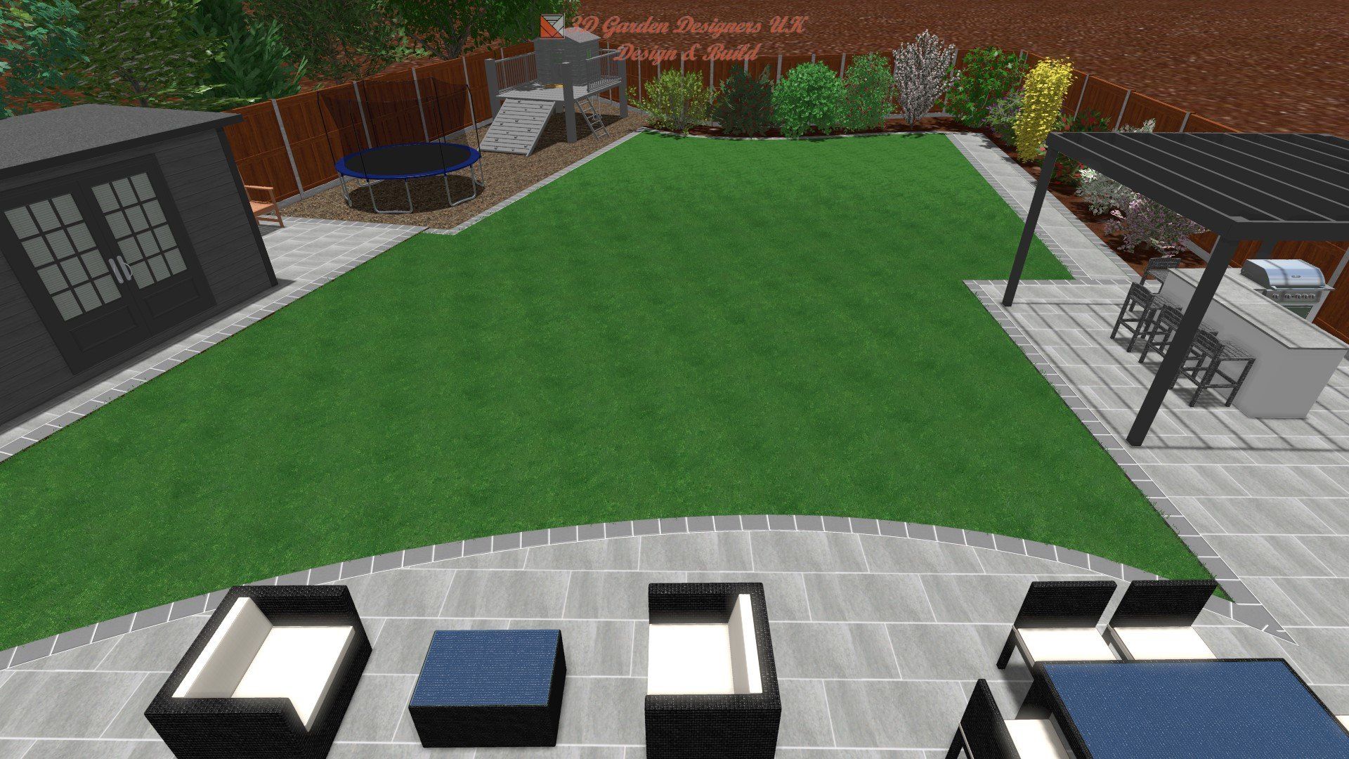 A computer generated image of a backyard with a patio and lawn.