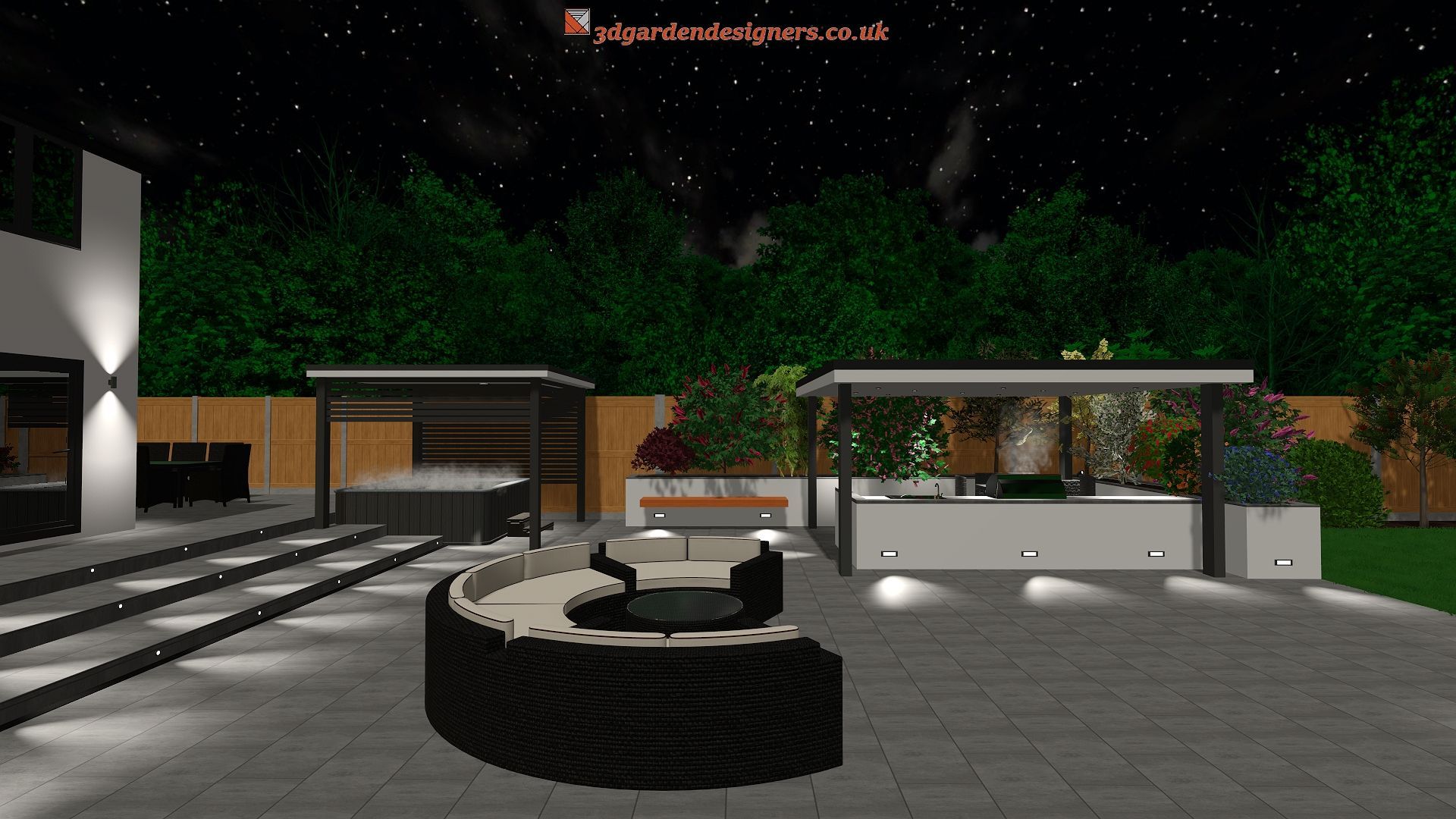Nighttime rendering of a modern outdoor living space with a seating area, hot tub, and illuminated structures.