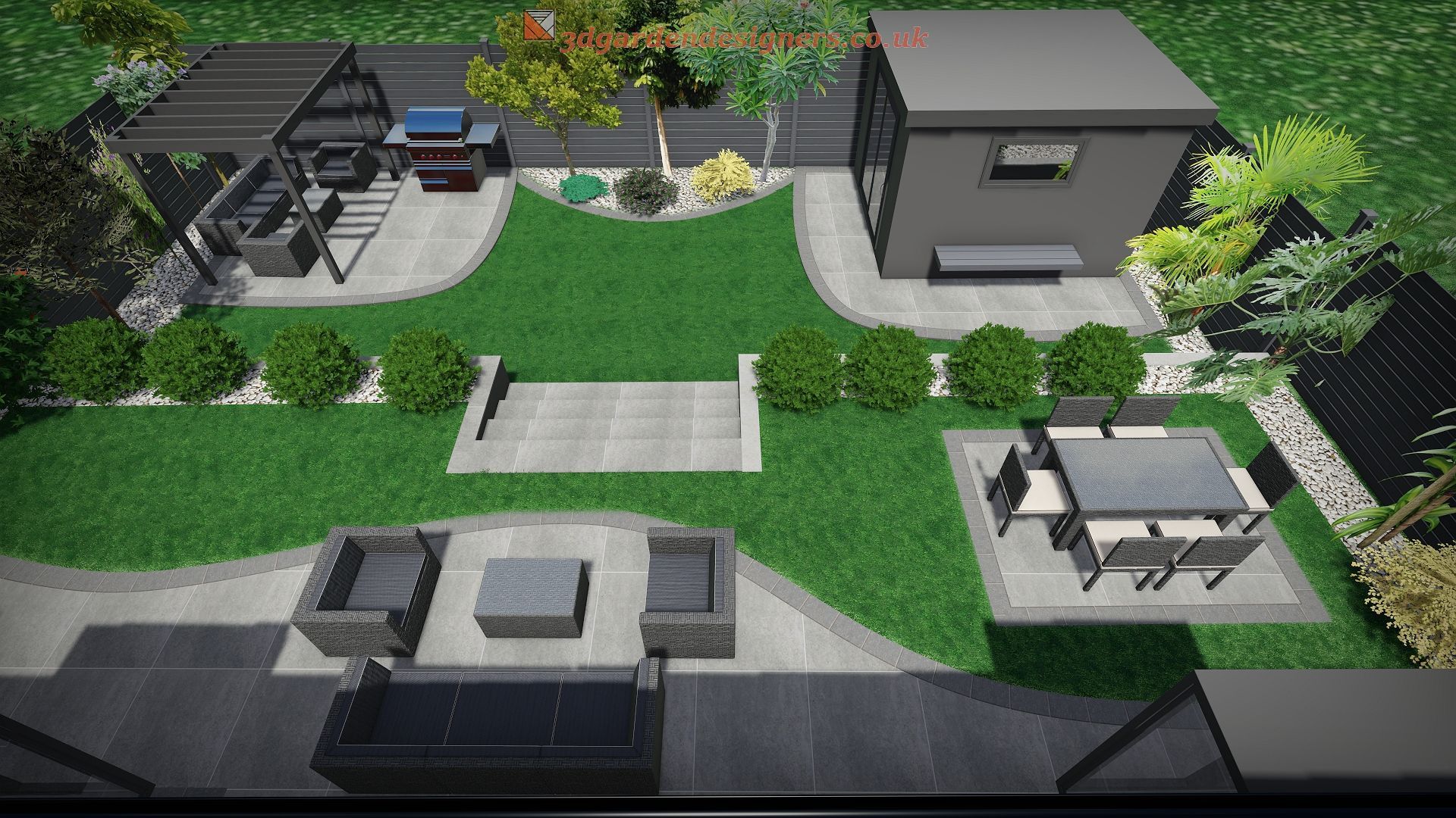 A modern backyard design featuring a lawn, patio, dining area, grilling station, and shed.