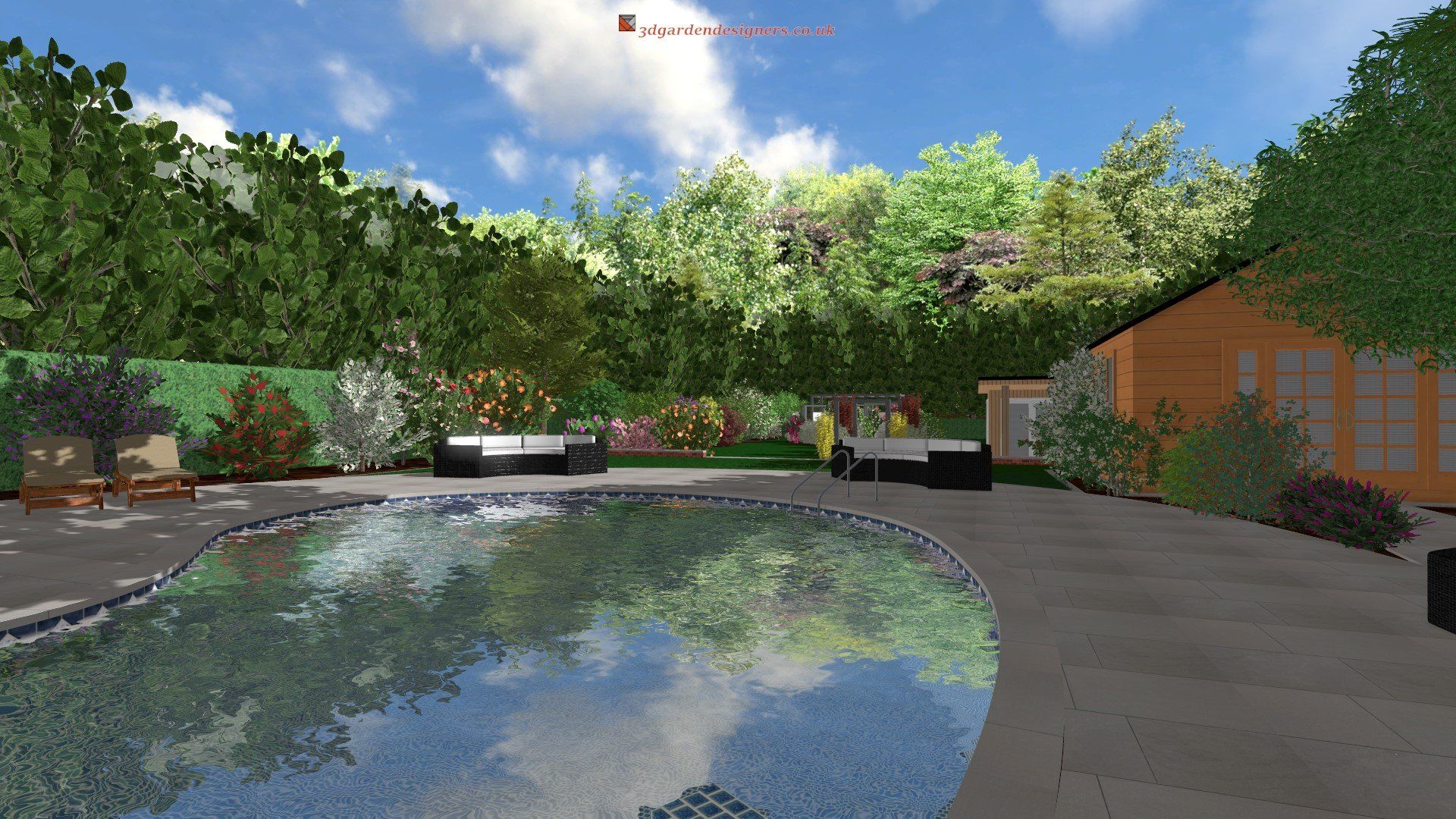 A computer generated image of a swimming pool in a backyard