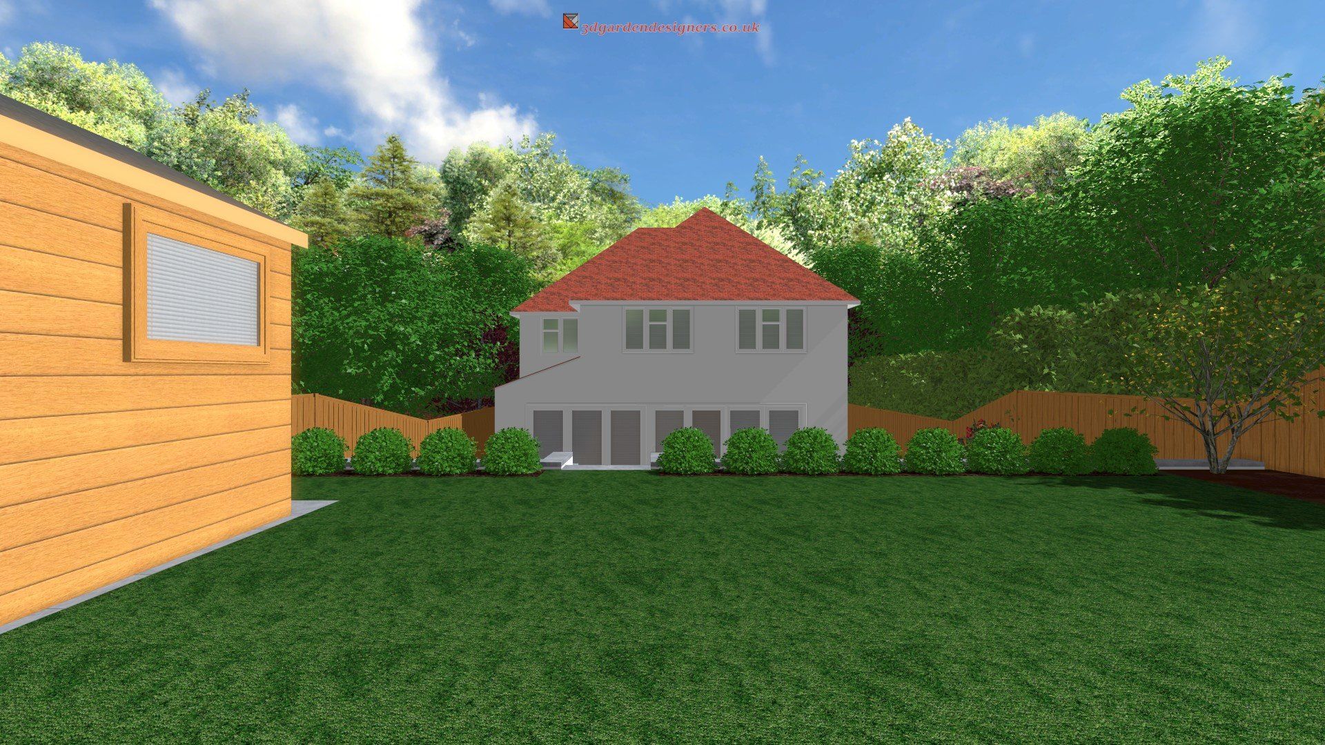 A 3d rendering of a house with a red roof and a wooden shed in the backyard.
