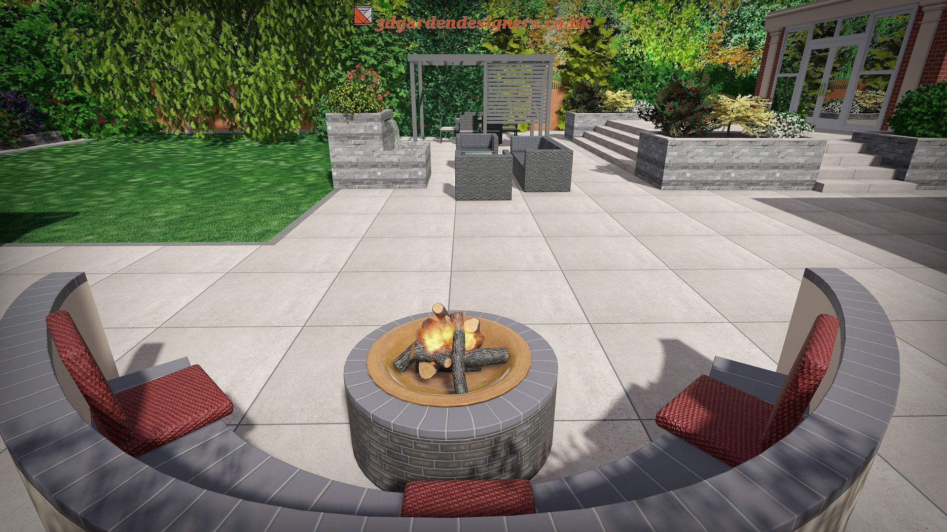 There is a fire pit in the middle of the patio.