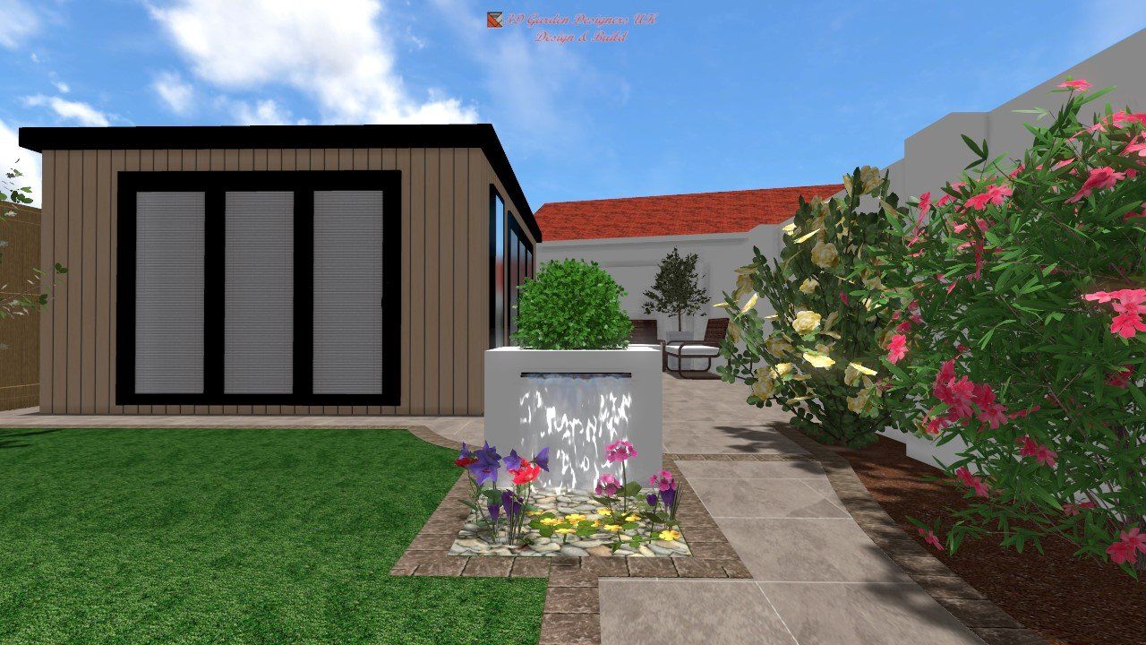 A computer generated image of a garden with a house in the background