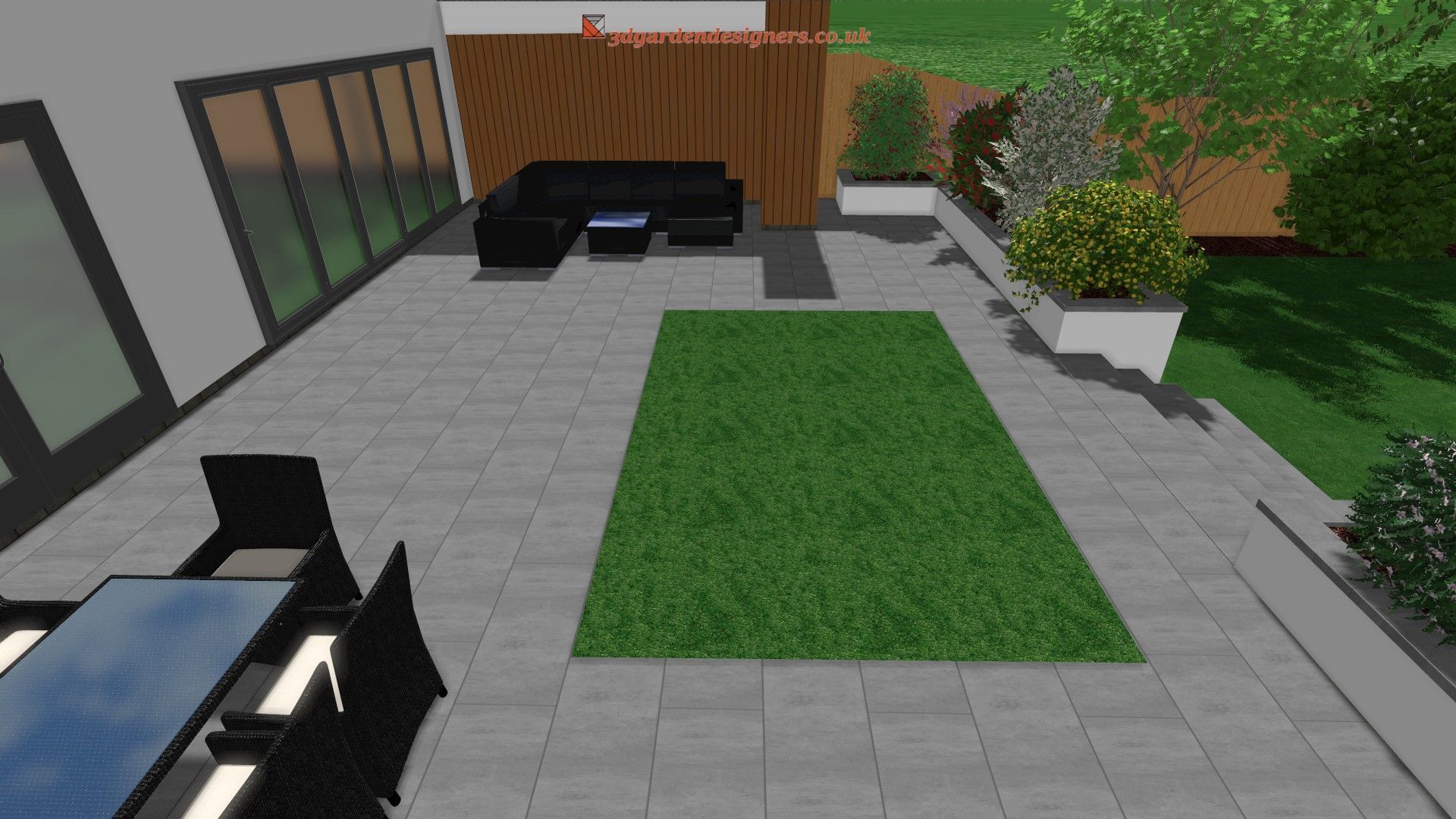 A computer generated image of a patio with a couch , table and chairs.