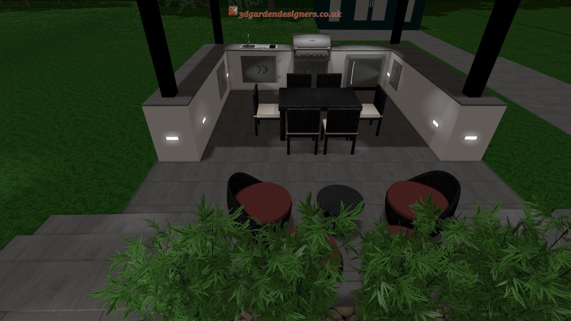 An aerial view of a patio area with a table and chairs.