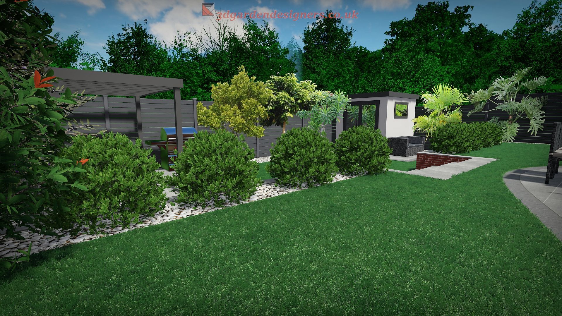 Lush green backyard with trimmed bushes, white stone border, and a modern outdoor structure.
