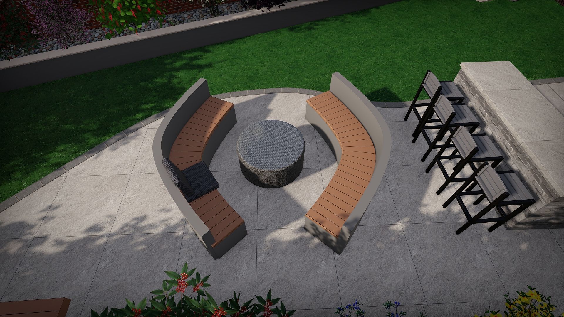 Outdoor seating area with curved benches, fire pit, and bar stools on a patio.