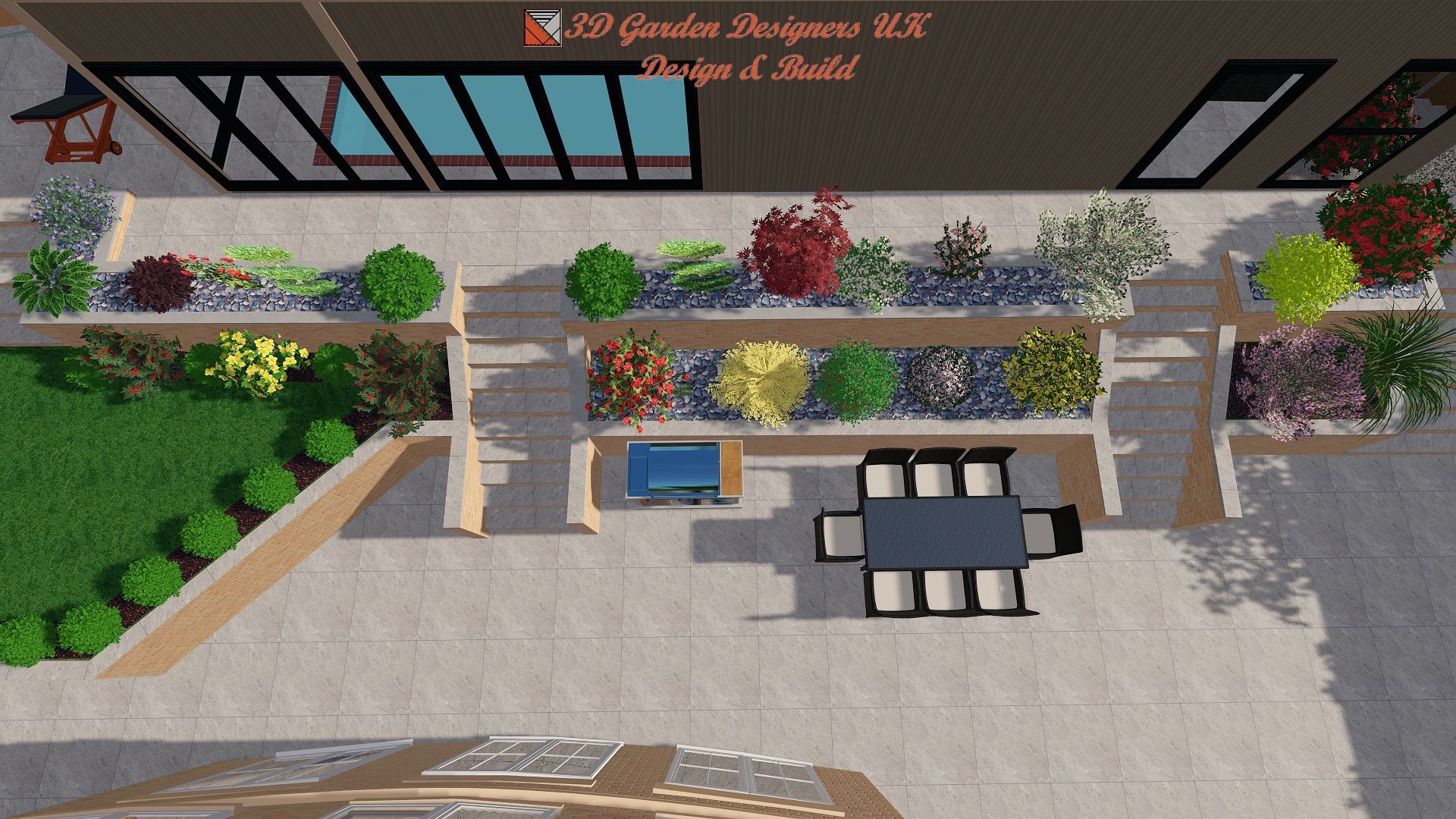 An aerial view of a garden with a table and chairs.