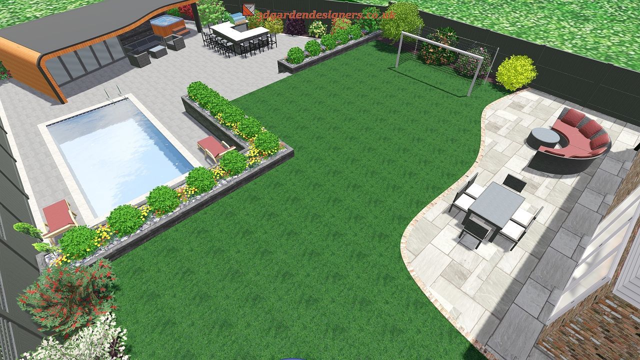 An aerial view of a backyard with a pool and patio furniture.