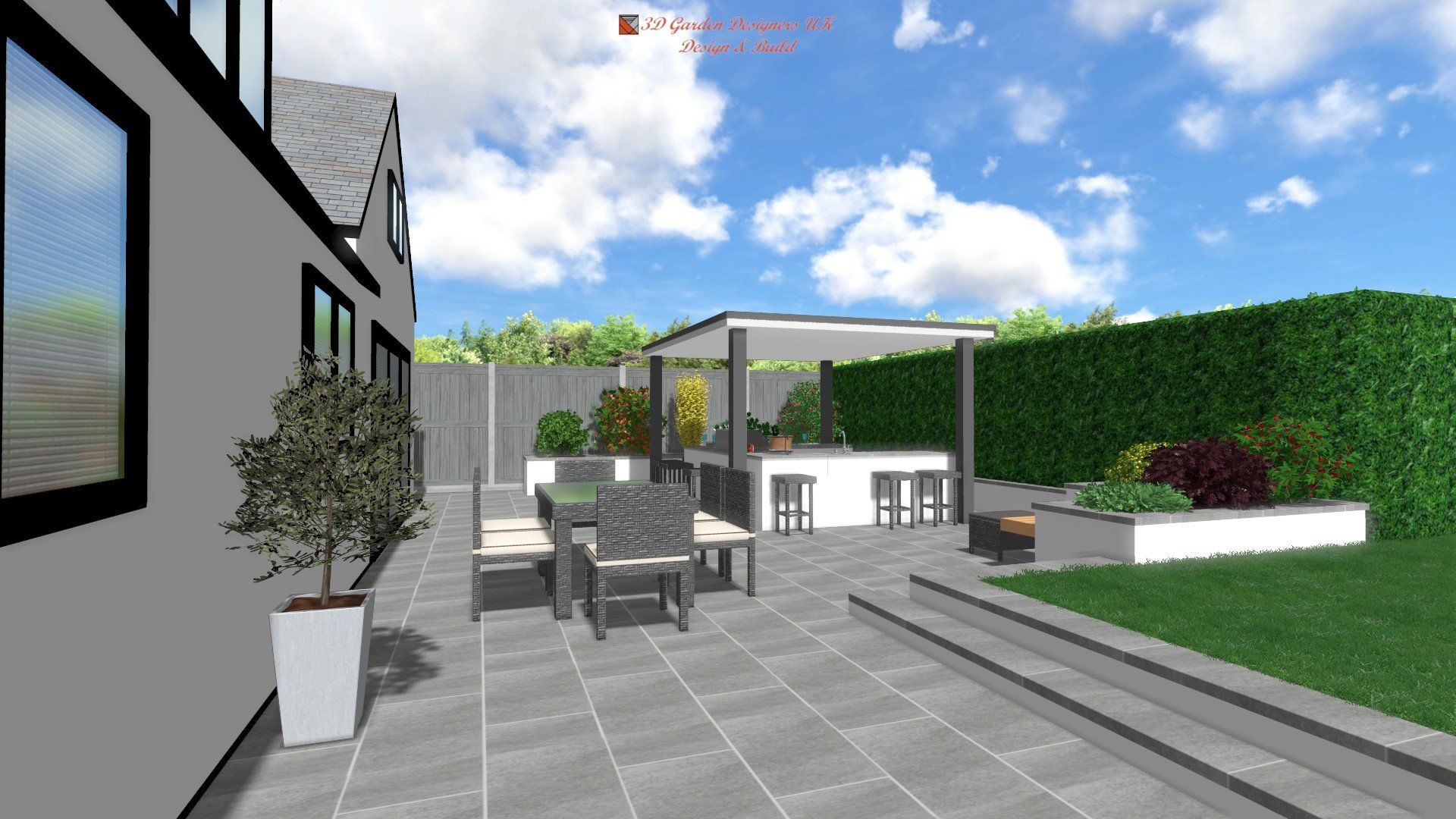 A computer generated image of a backyard with a table and chairs