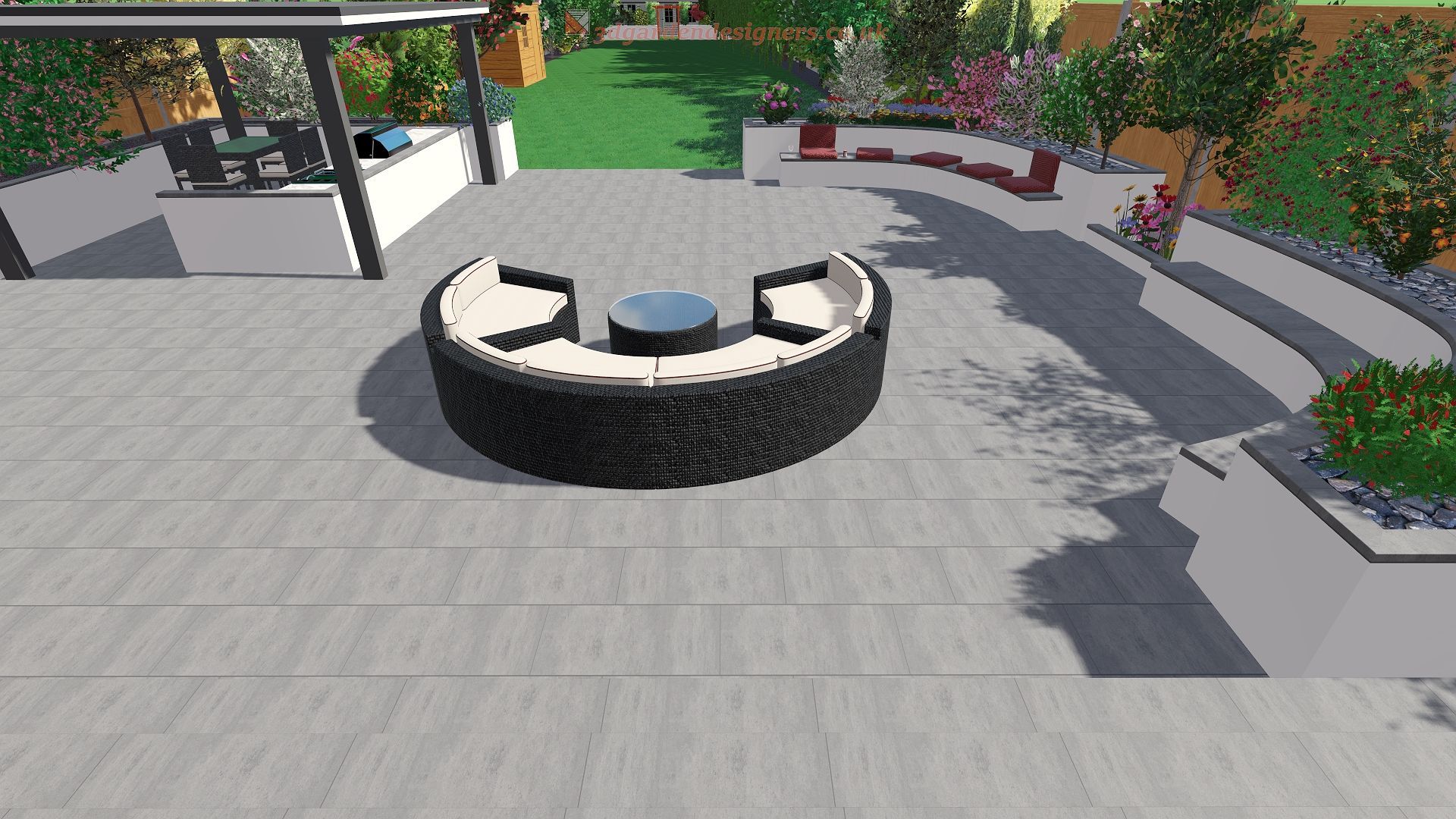 Outdoor living space with gray patio, curved seating area, and a pergola.