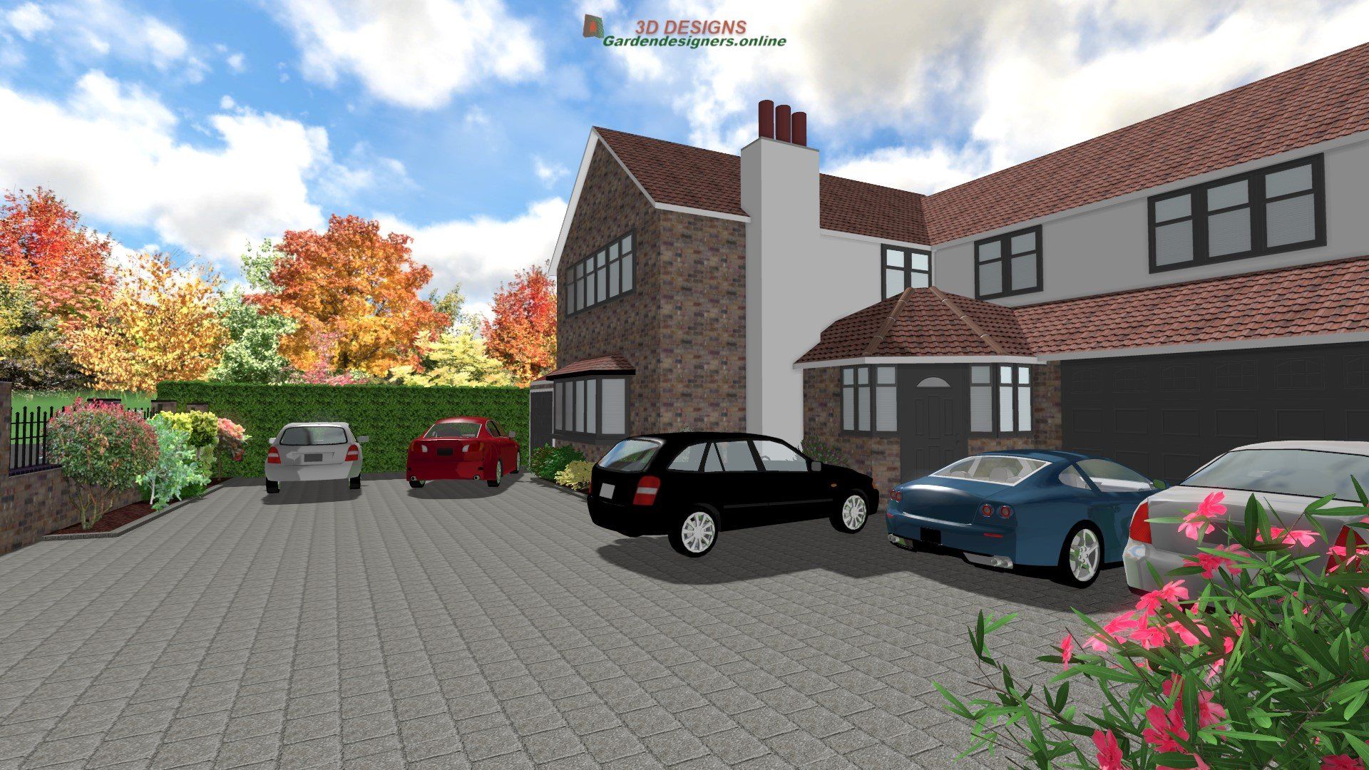 A computer generated image of a house with cars parked in front of it