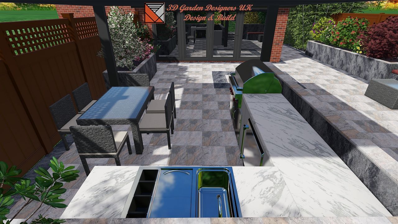 A computer generated image of a patio with a table and chairs