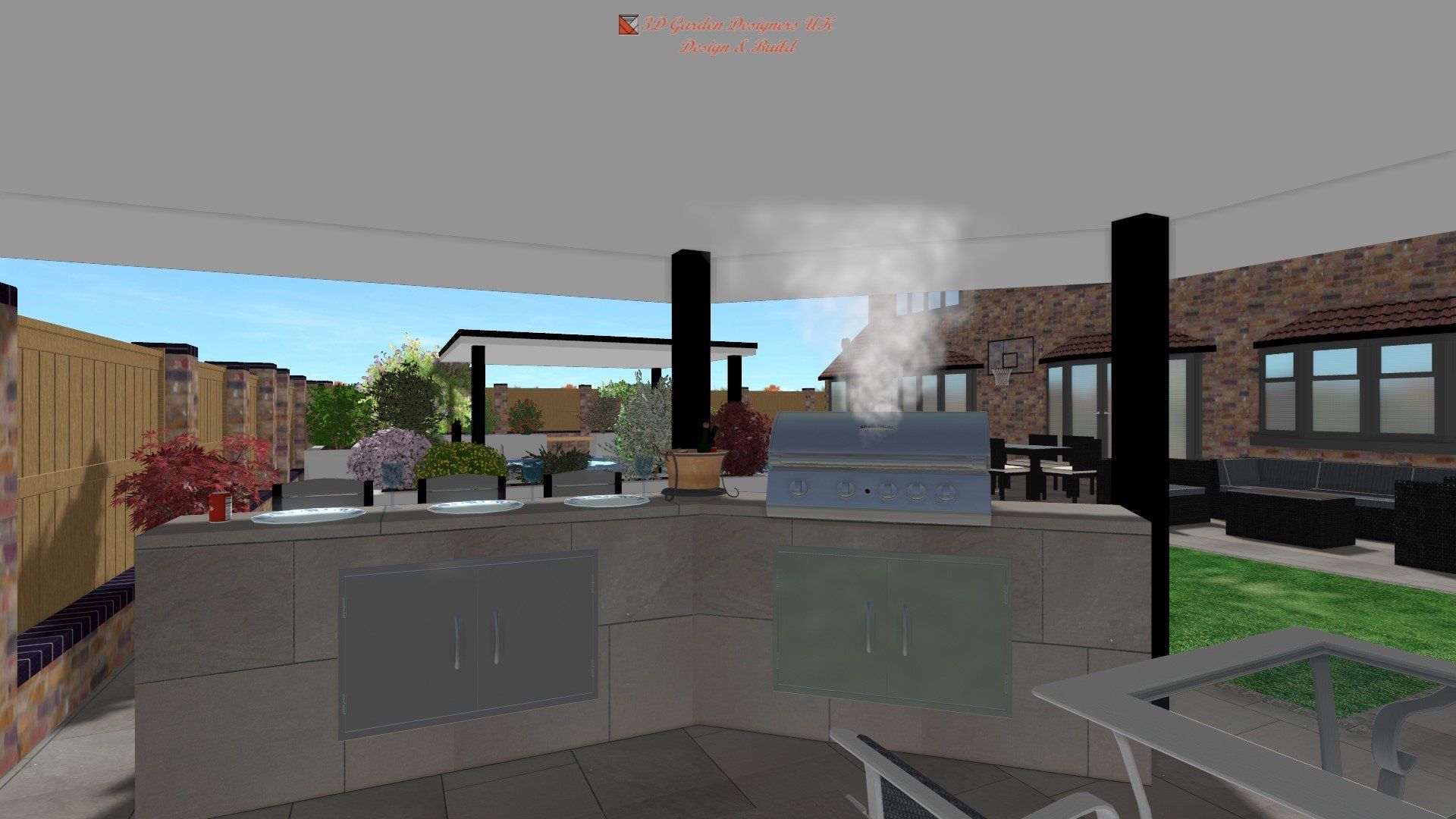 A computer generated image of a kitchen with a grill and smoke coming out of it.