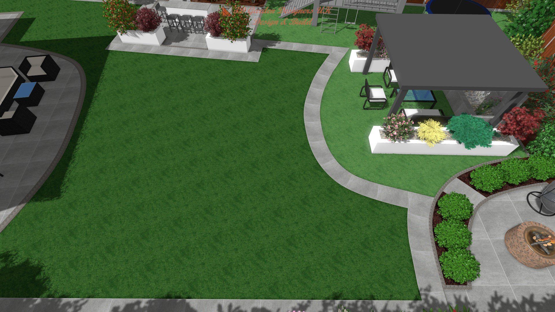 An aerial view of a lush green lawn with a gazebo in the middle.