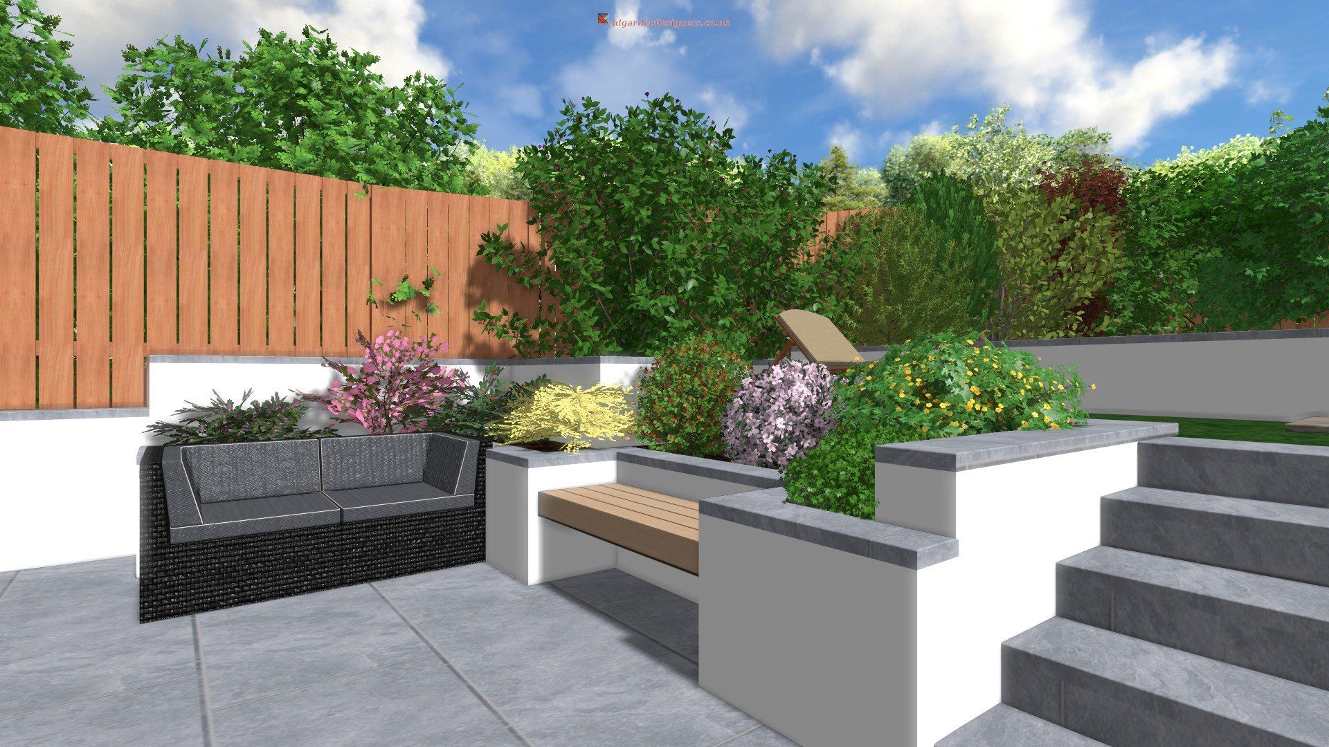 A computer generated image of a patio with a couch and stairs.