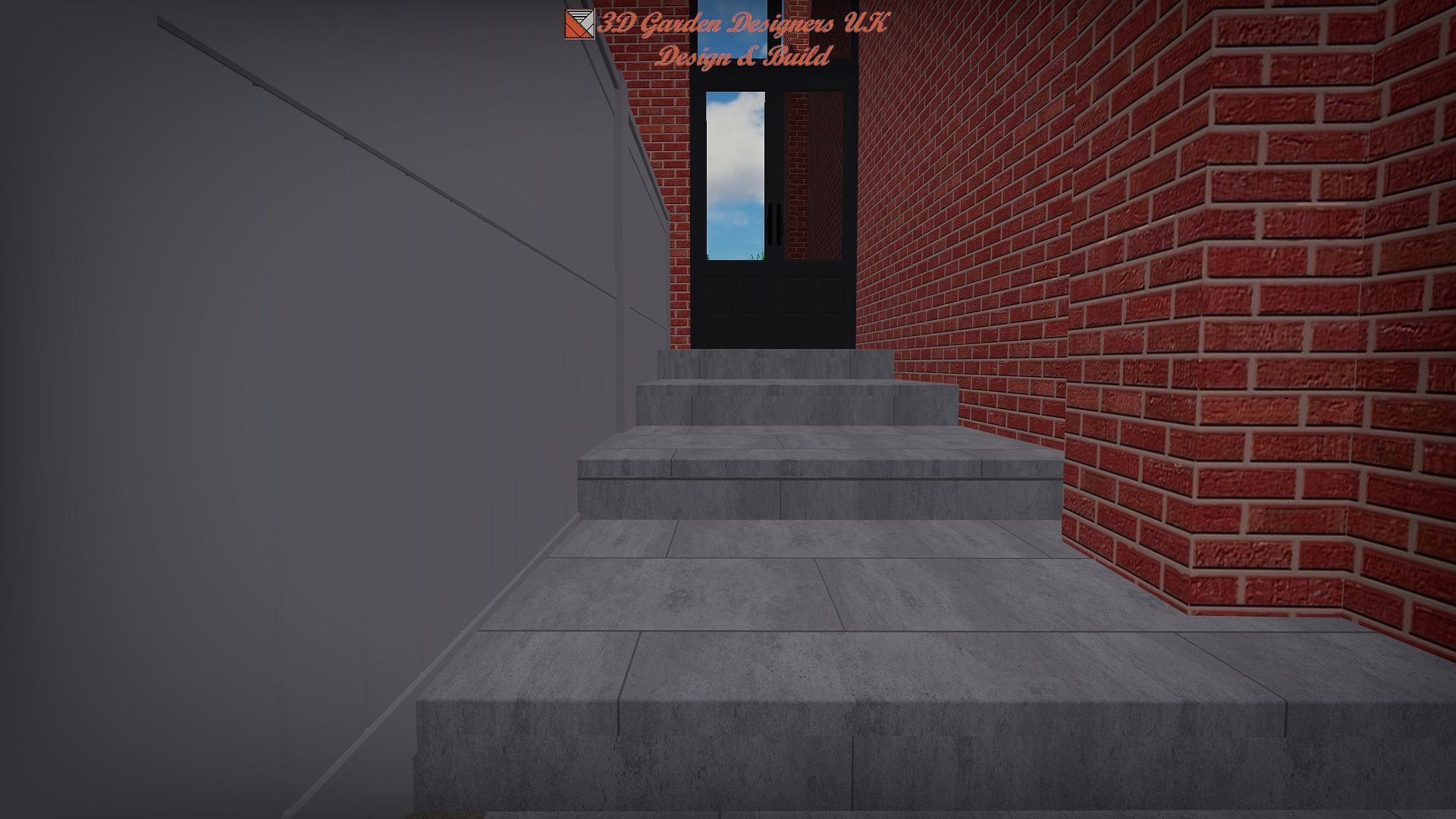 A brick wall with stairs leading up to it and a door.