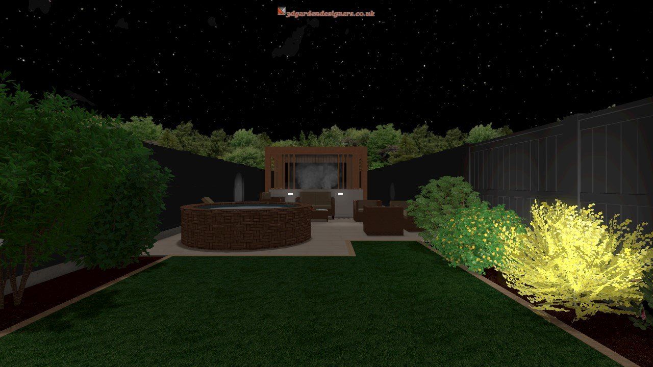 A computer generated image of a backyard at night