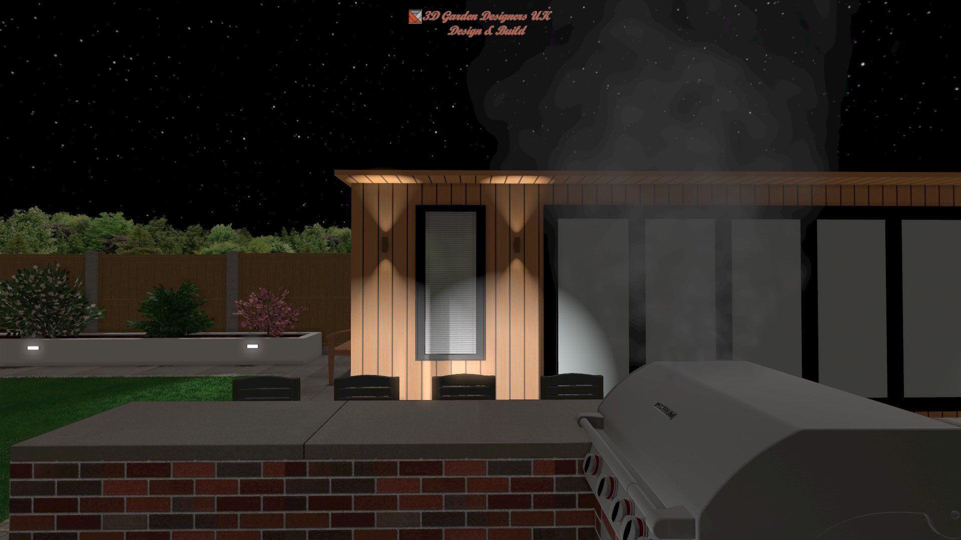A computer generated image of a house with a grill in front of it at night.