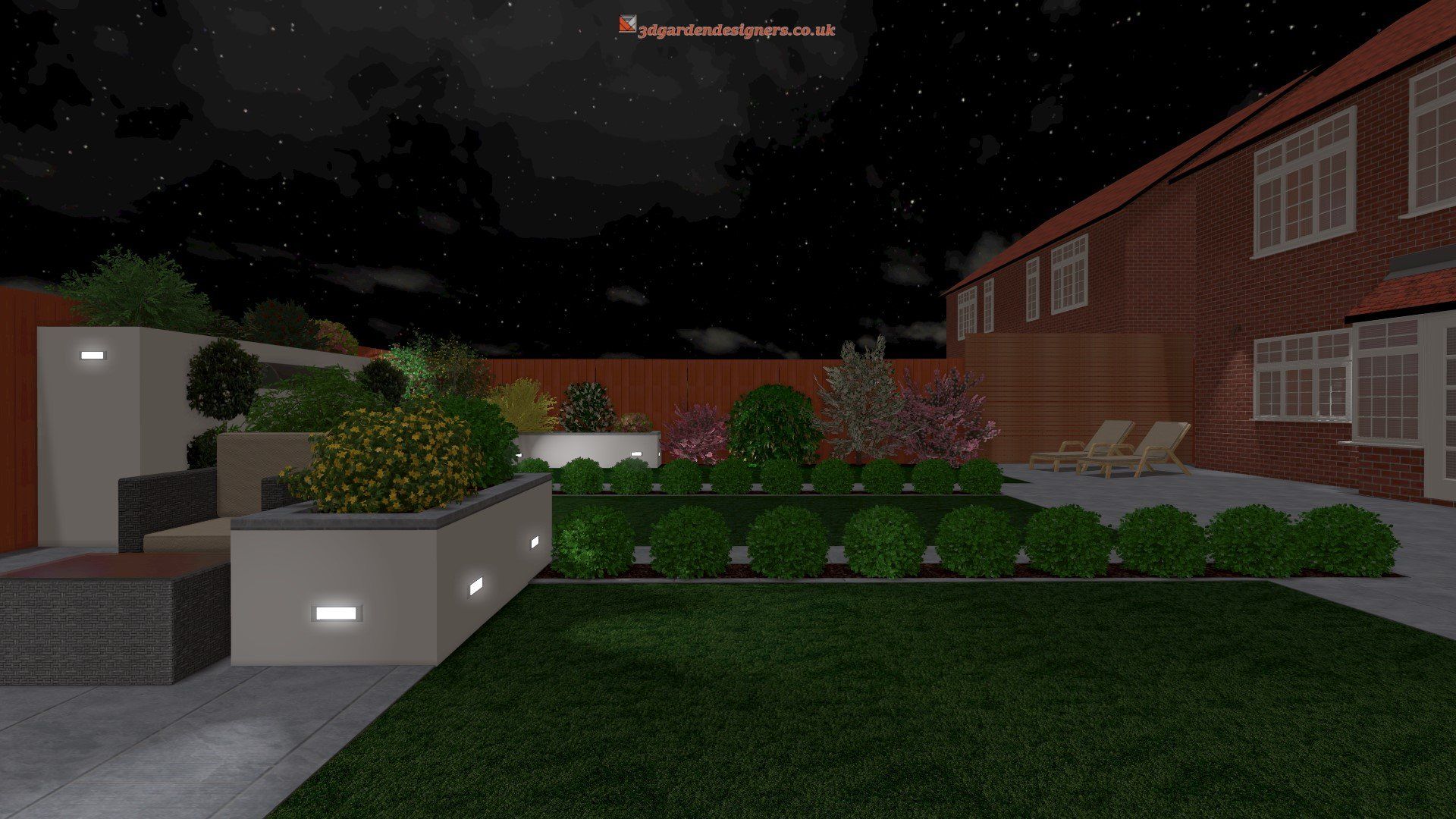 A computer generated image of a garden at night with a brick house in the background.