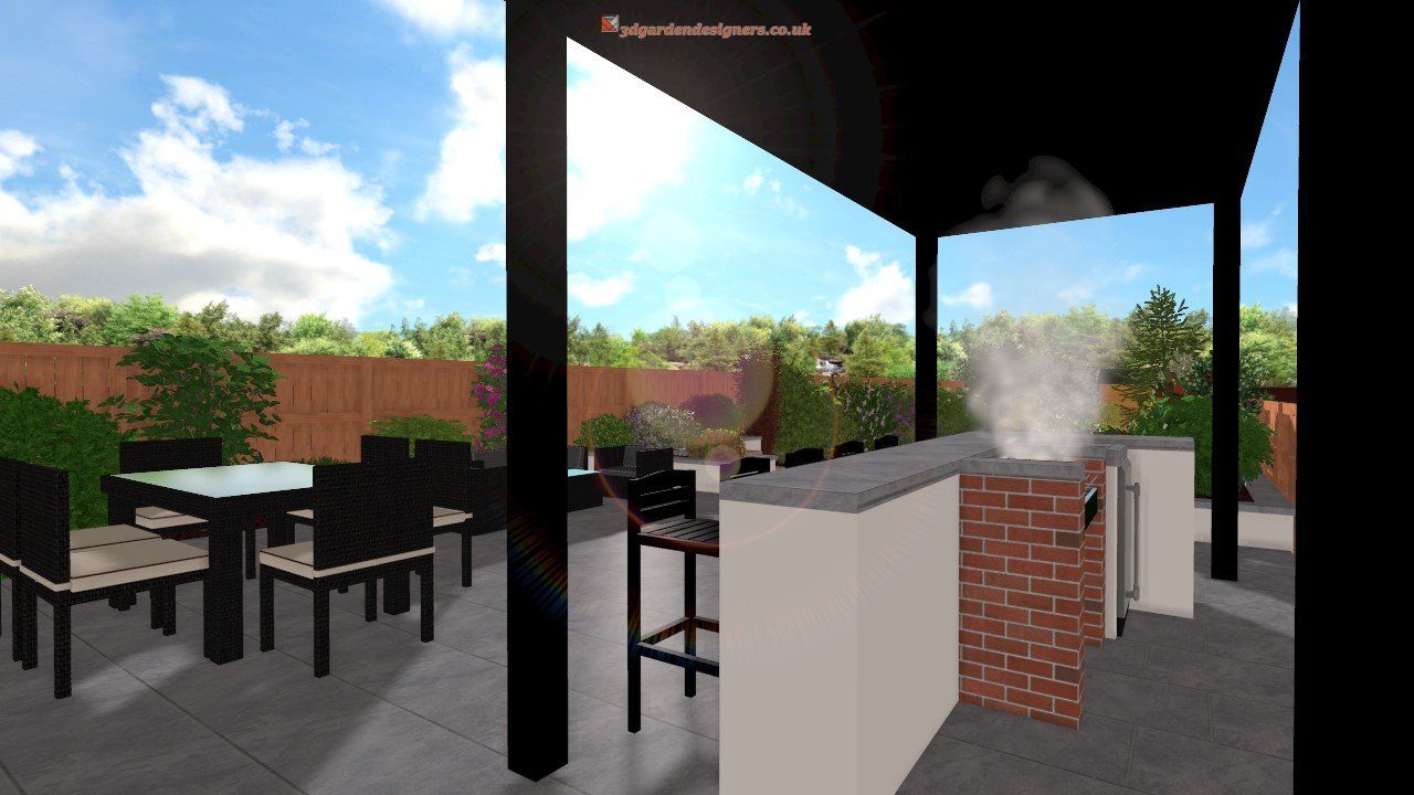 A computer generated image of a patio with tables and chairs
