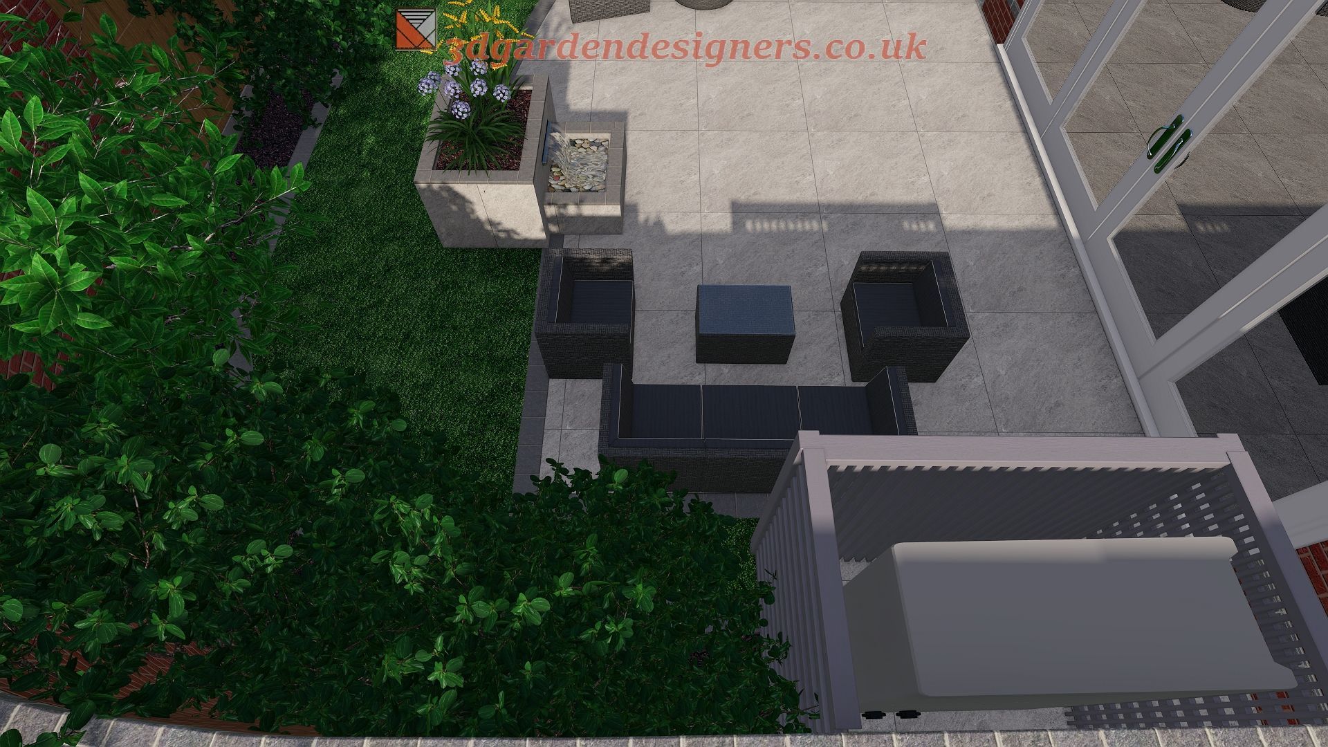 An aerial view of a patio with a couch , chairs and a table.