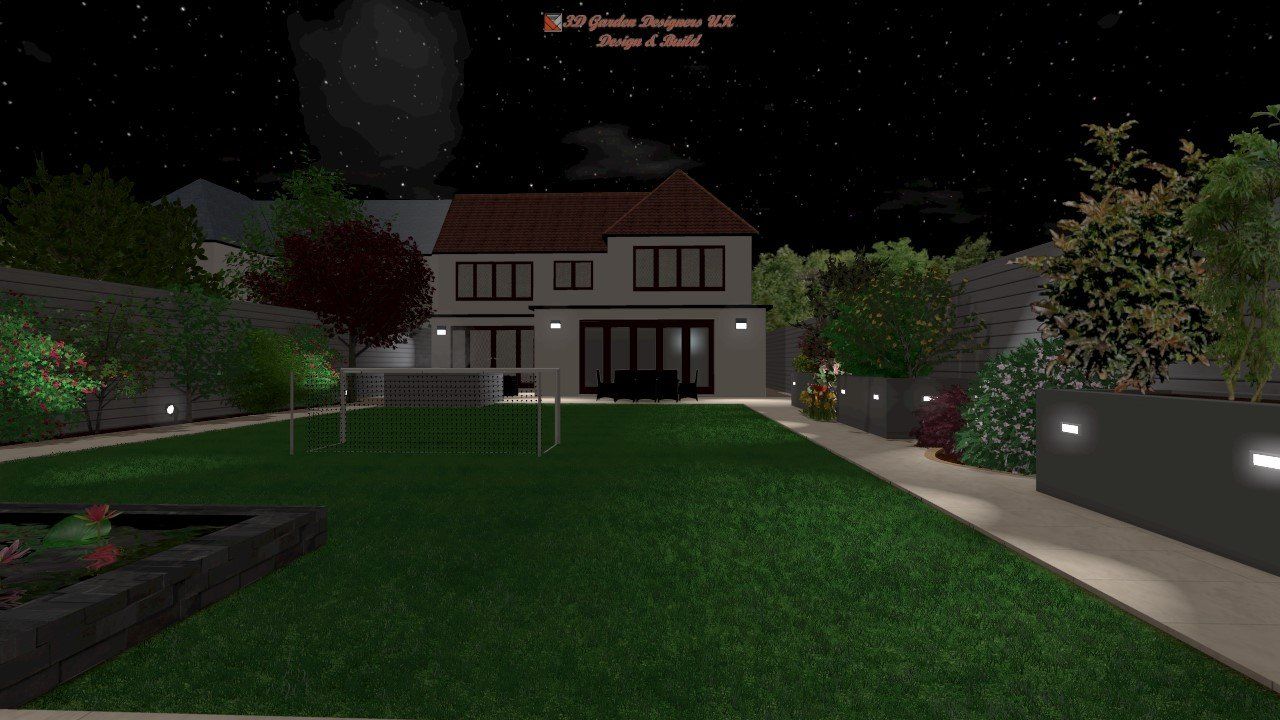 A computer generated image of a house at night