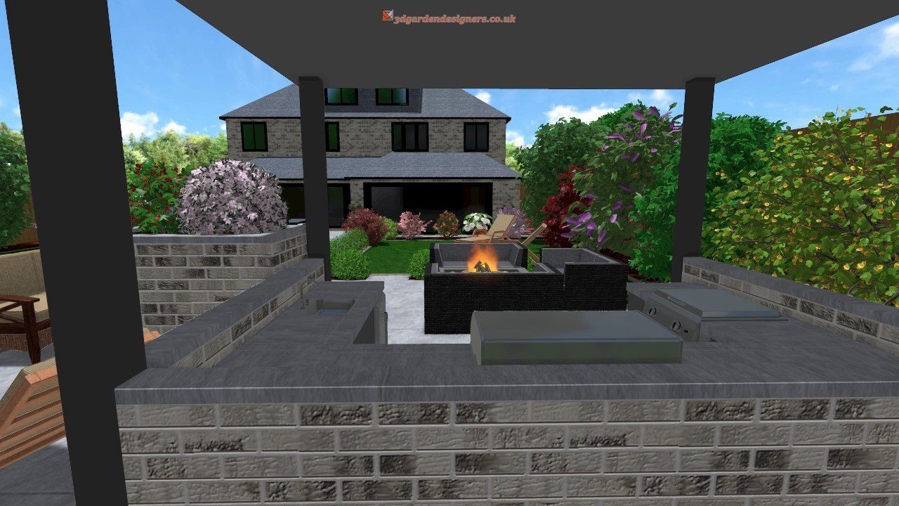 A computer generated image of a patio area with a fire pit and a house in the background.