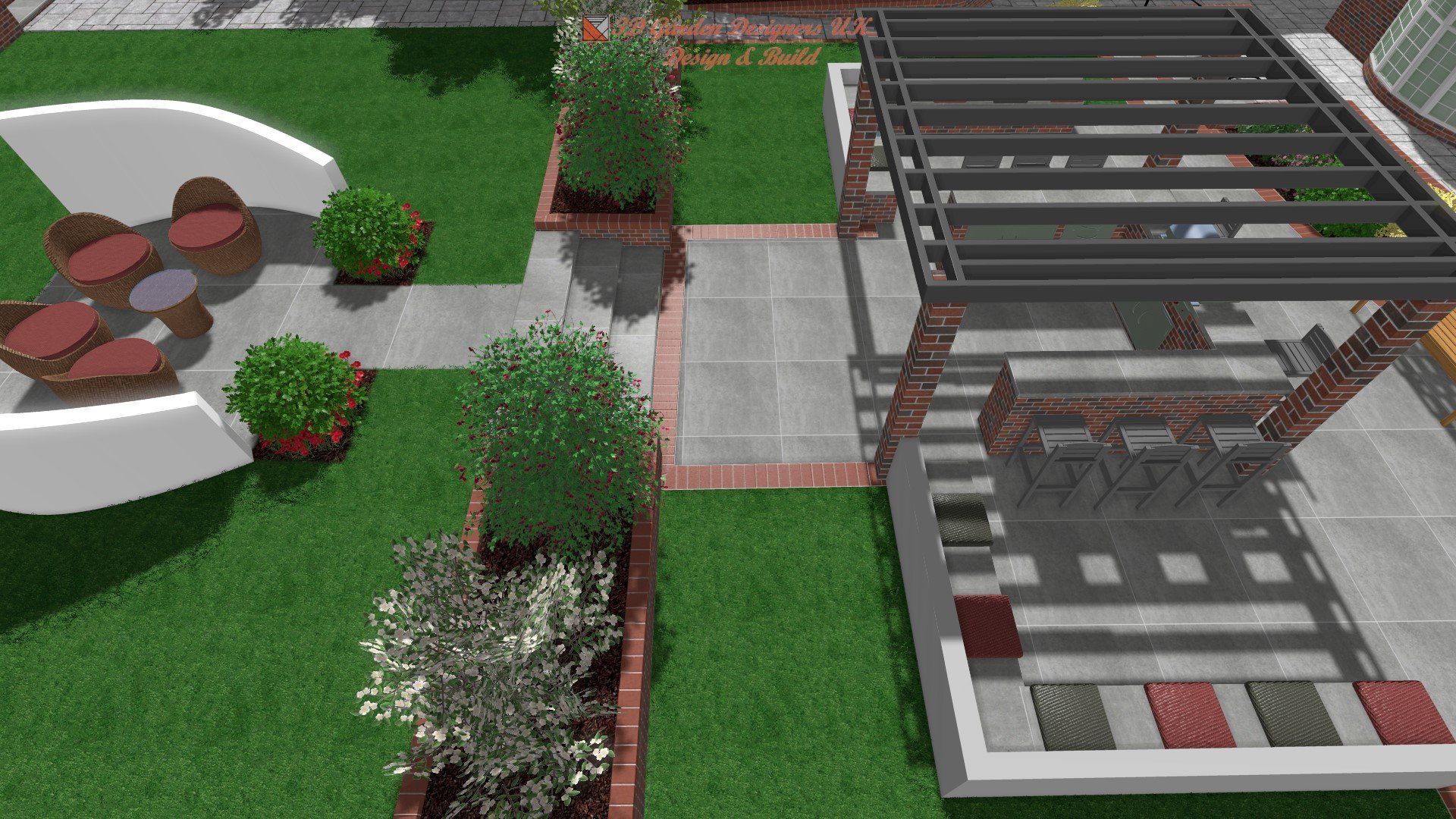 An aerial view of a patio with a pergola and a fire pit.