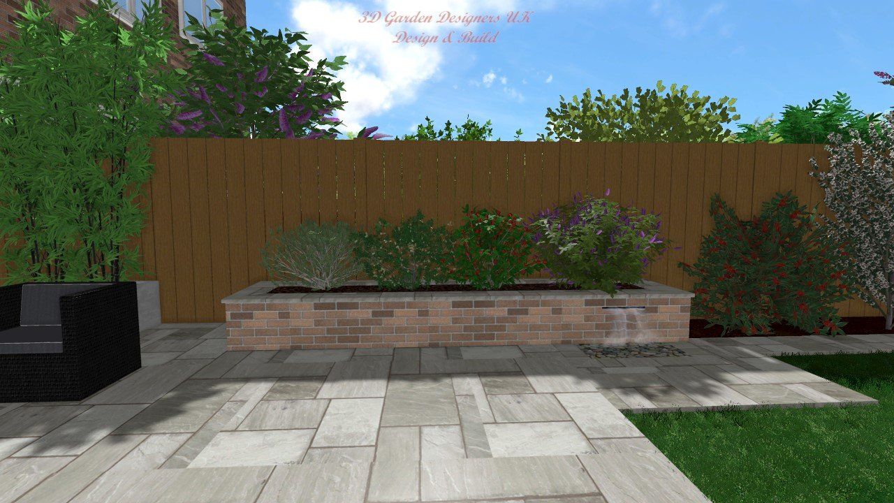 A computer generated image of a backyard with a brick wall and a wooden fence.
