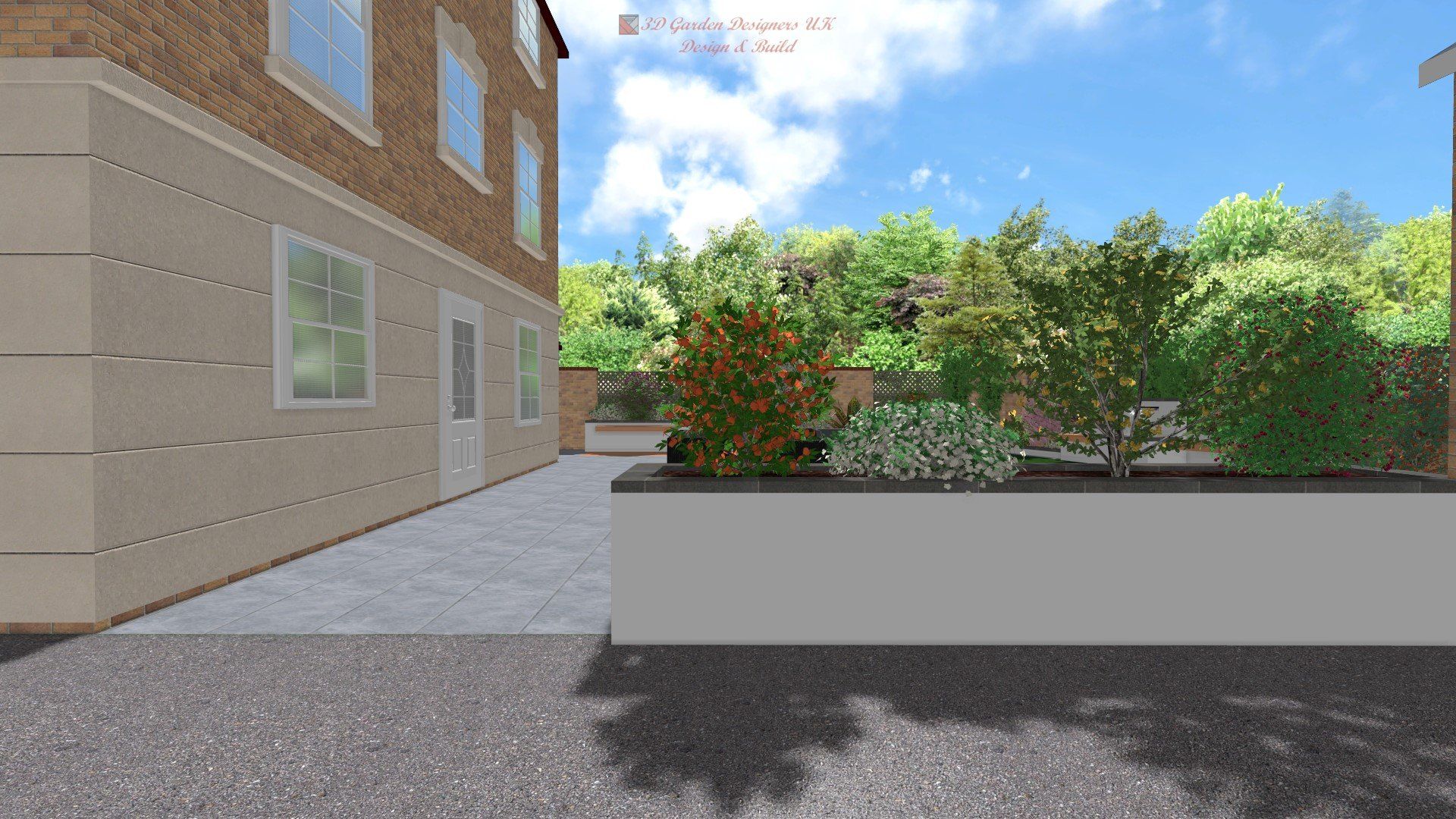 A computer generated image of a house with a garden in front of it.