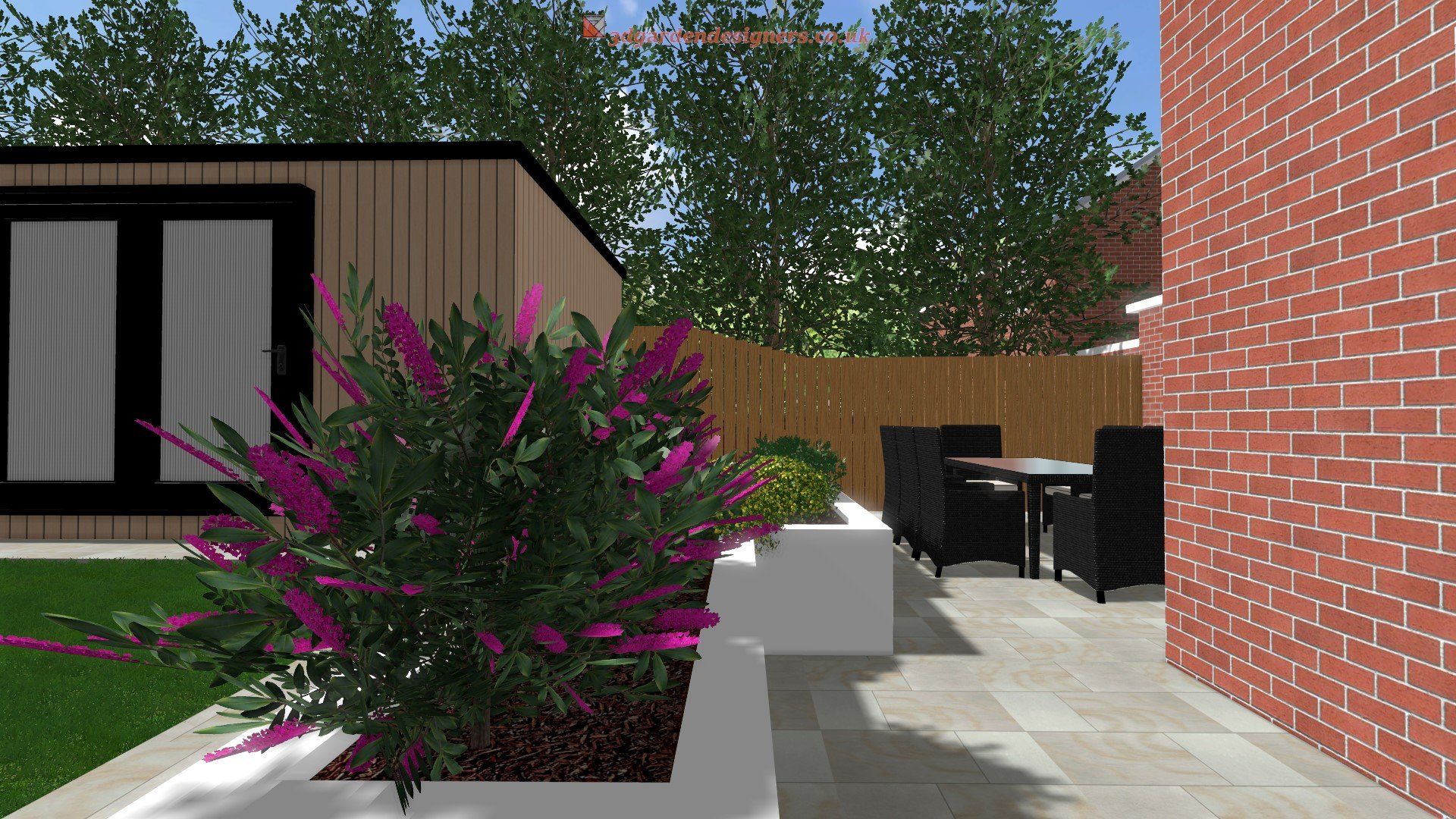 A computer generated image of a garden with purple flowers and a brick wall.