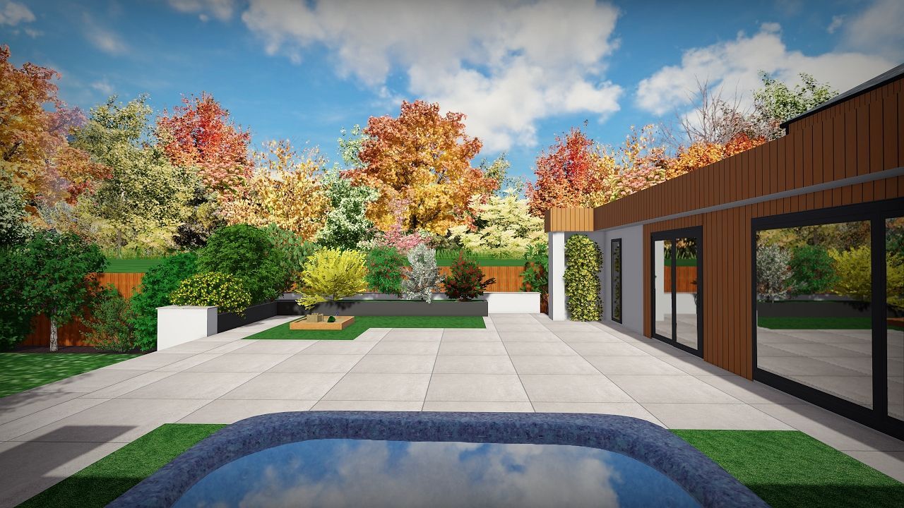 Backyard patio with pool, modern house, colorful autumn trees, and clear sky.