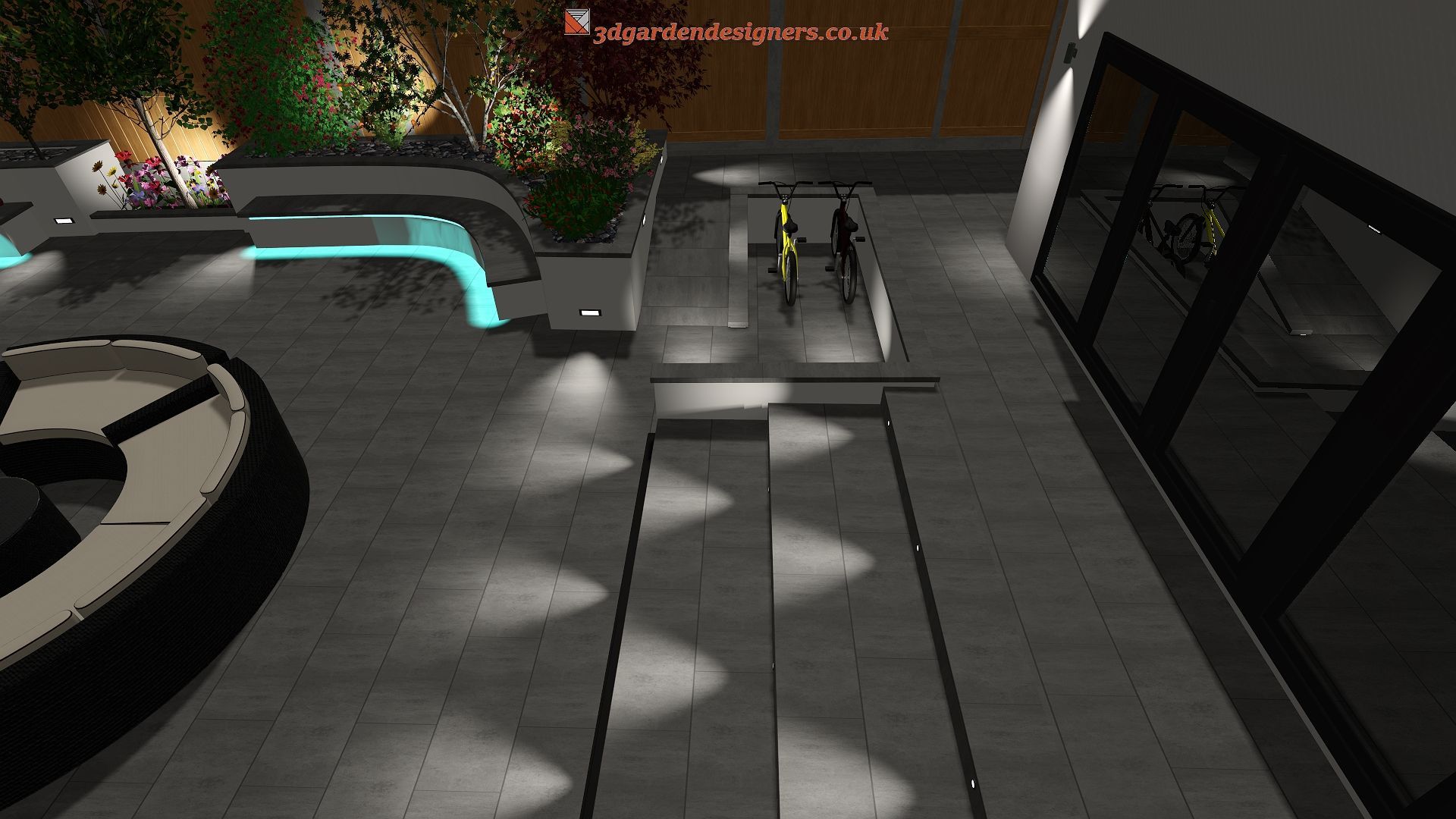 Modern outdoor patio with ambient lighting and two people riding bikes.