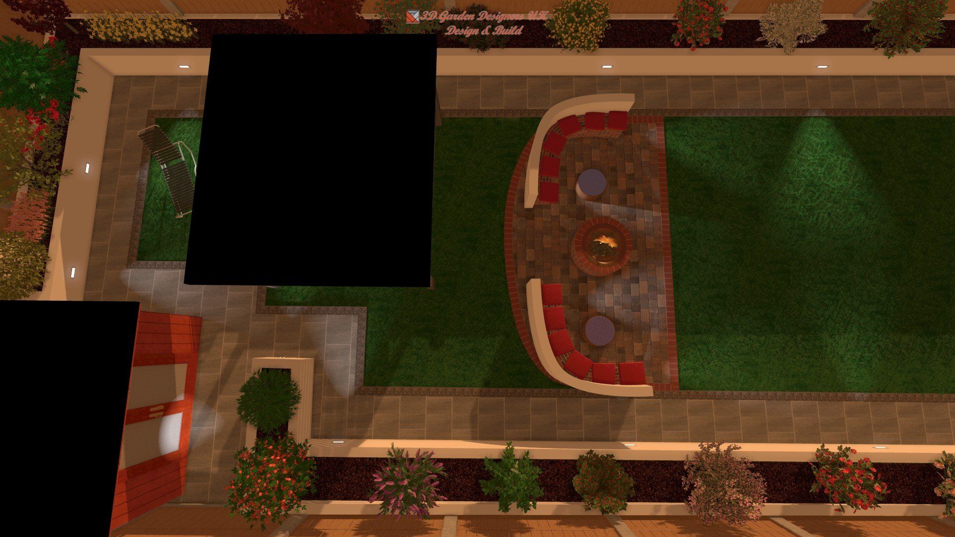 An aerial view of a garden with a fire pit in the middle of it.