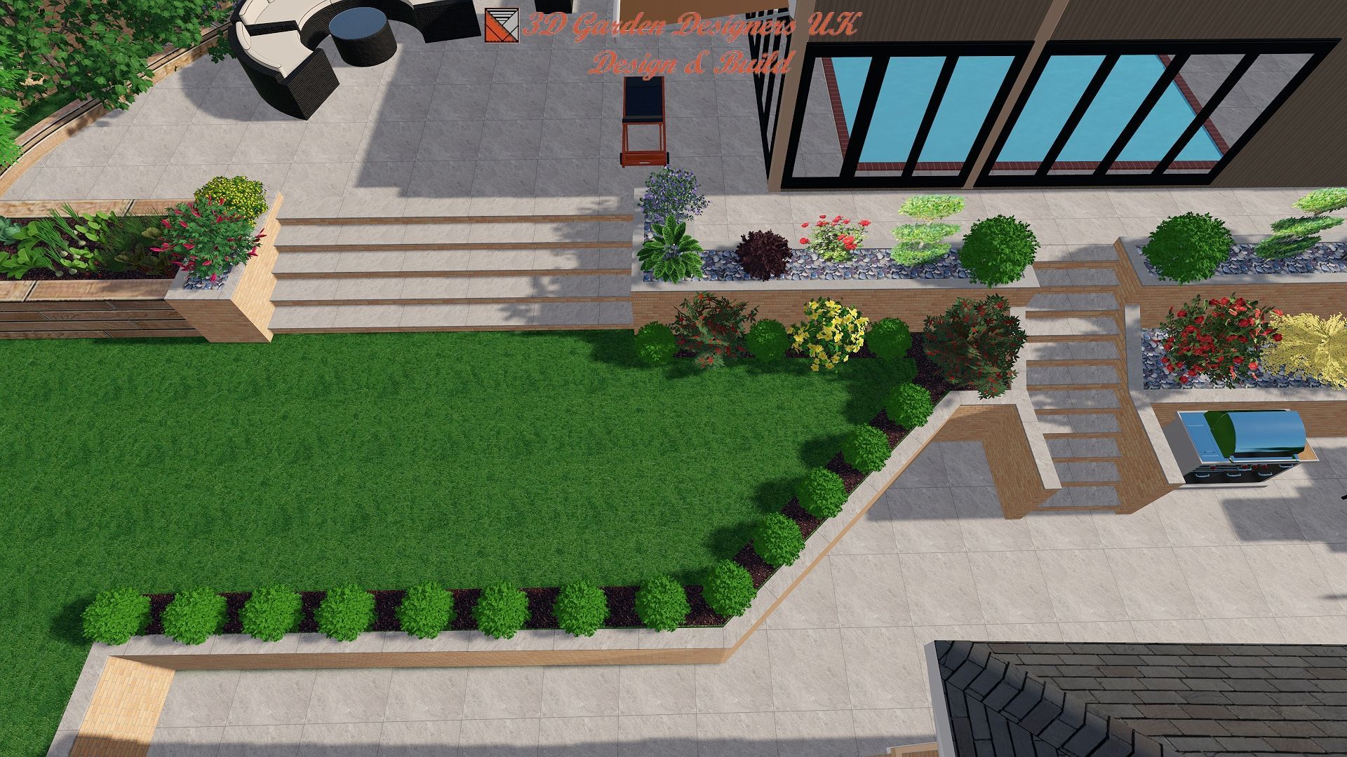 An aerial view of a backyard with a patio and stairs