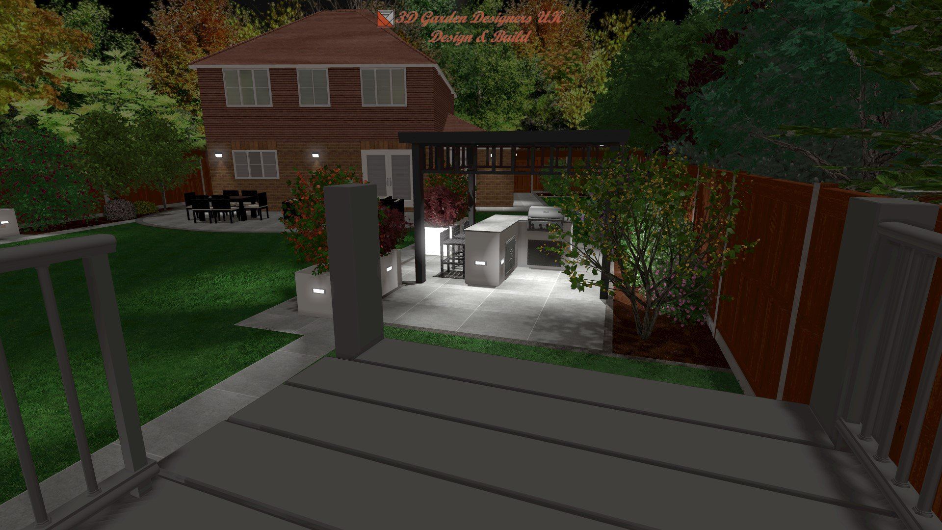 A computer generated image of a house and backyard at night.