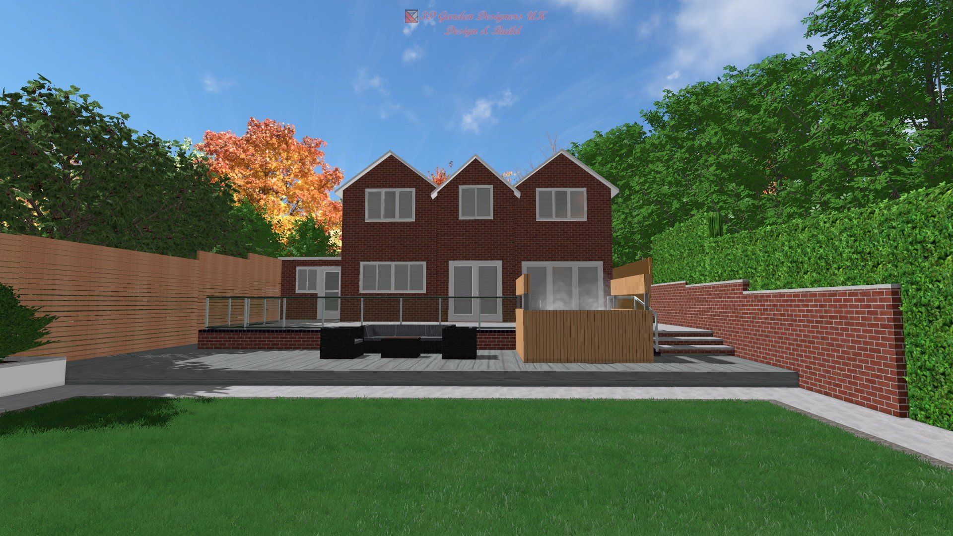 A computer generated image of a house with a large lawn in front of it