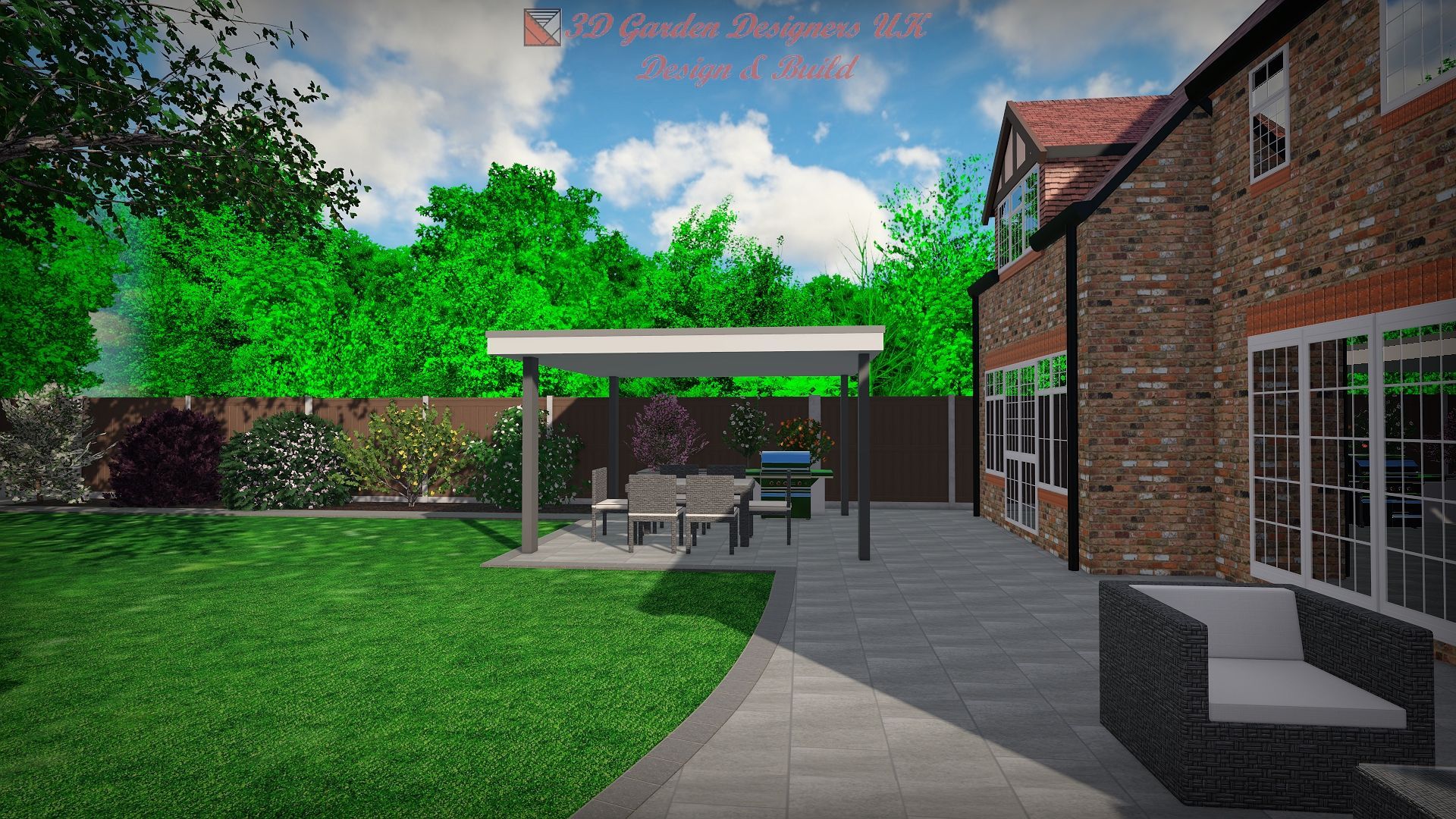 Backyard with patio, seating area, pergola, lawn, brick house, and greenery under a sunny sky.
