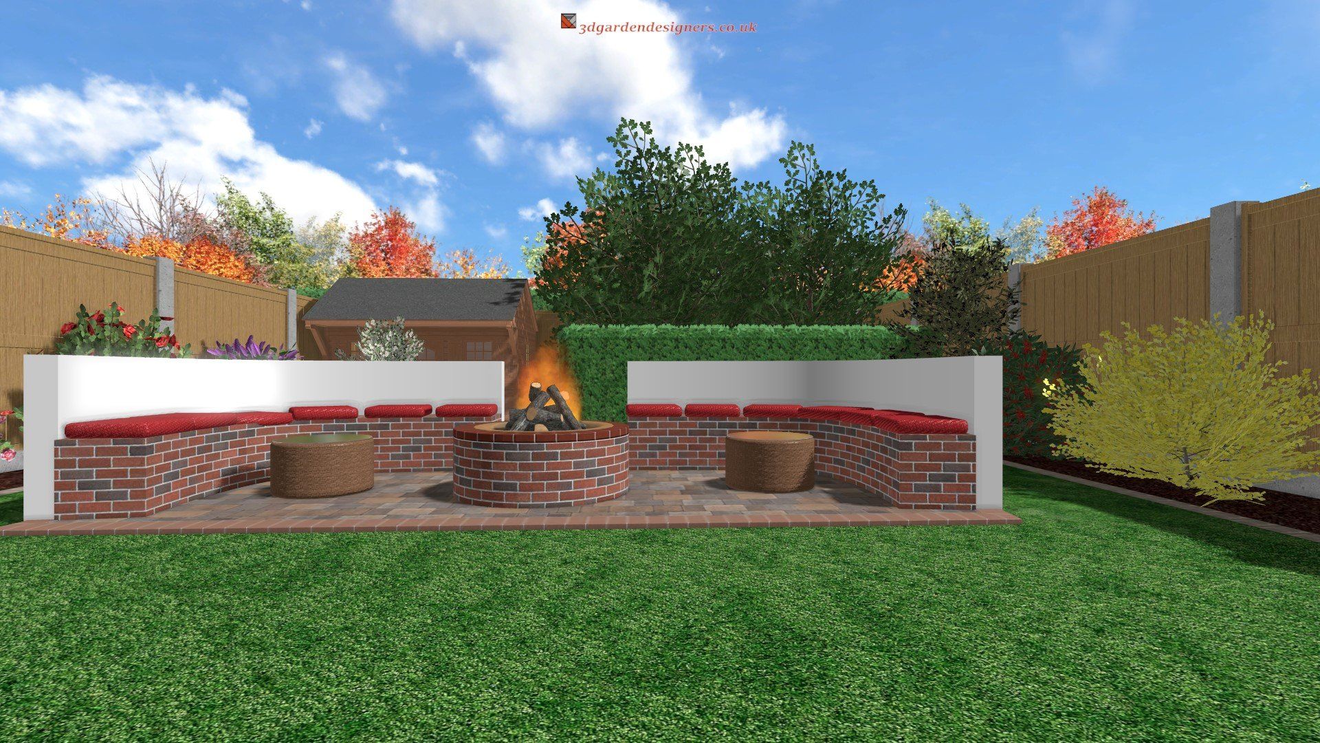 A computer generated image of a backyard with a fire pit and benches.