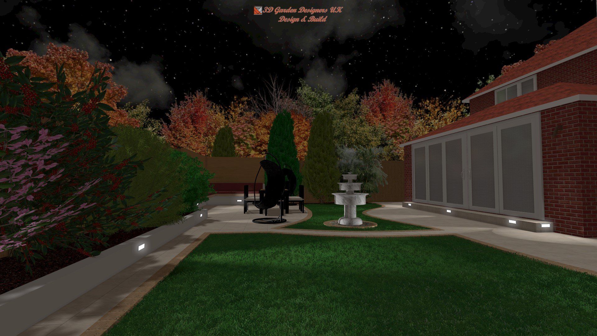 A computer generated image of a backyard at night.