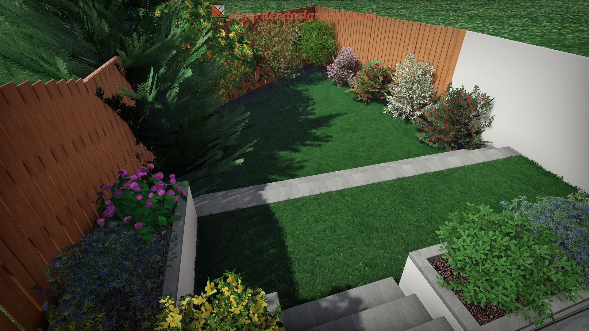 Backyard with grass, steps, flower beds, and a wooden fence.