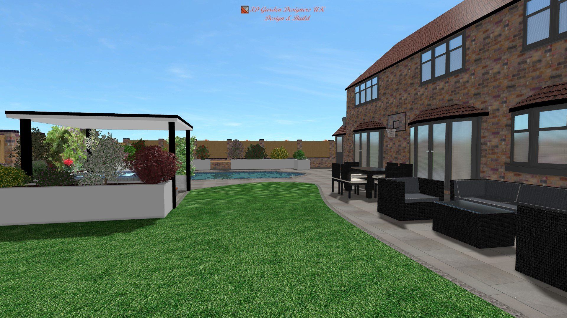 A computer generated image of a house with a large lawn and patio area.