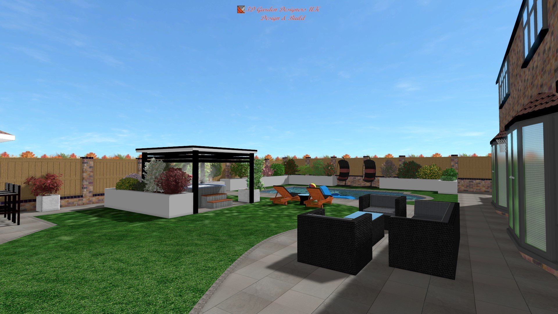 A computer generated image of a backyard with furniture and a pool.